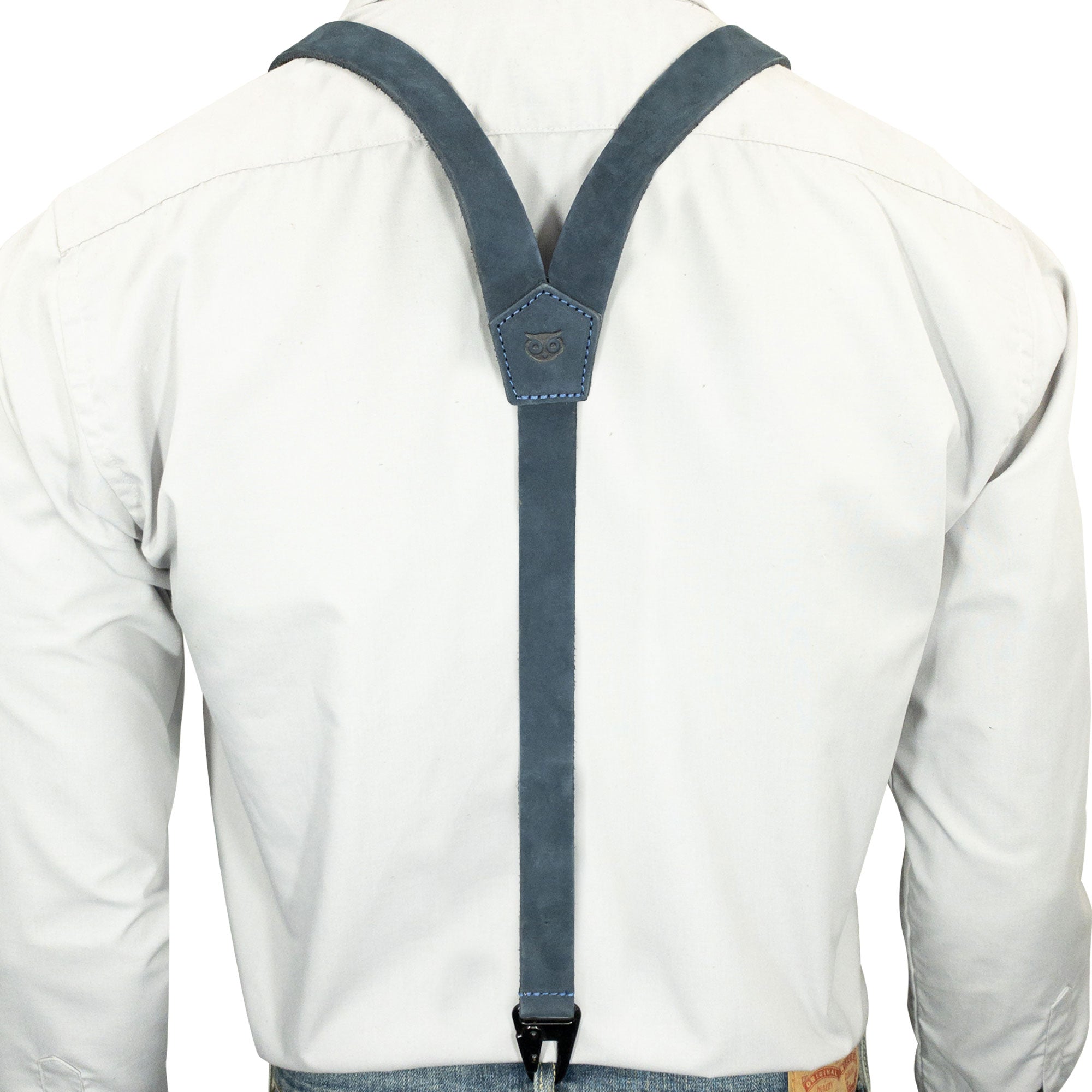 Hide & Drink Rustic Slim Suspenders showcased on a mannequin in blue, featuring an elegant design ideal for weddings. Handmade from quality suede leather with artisan touch.