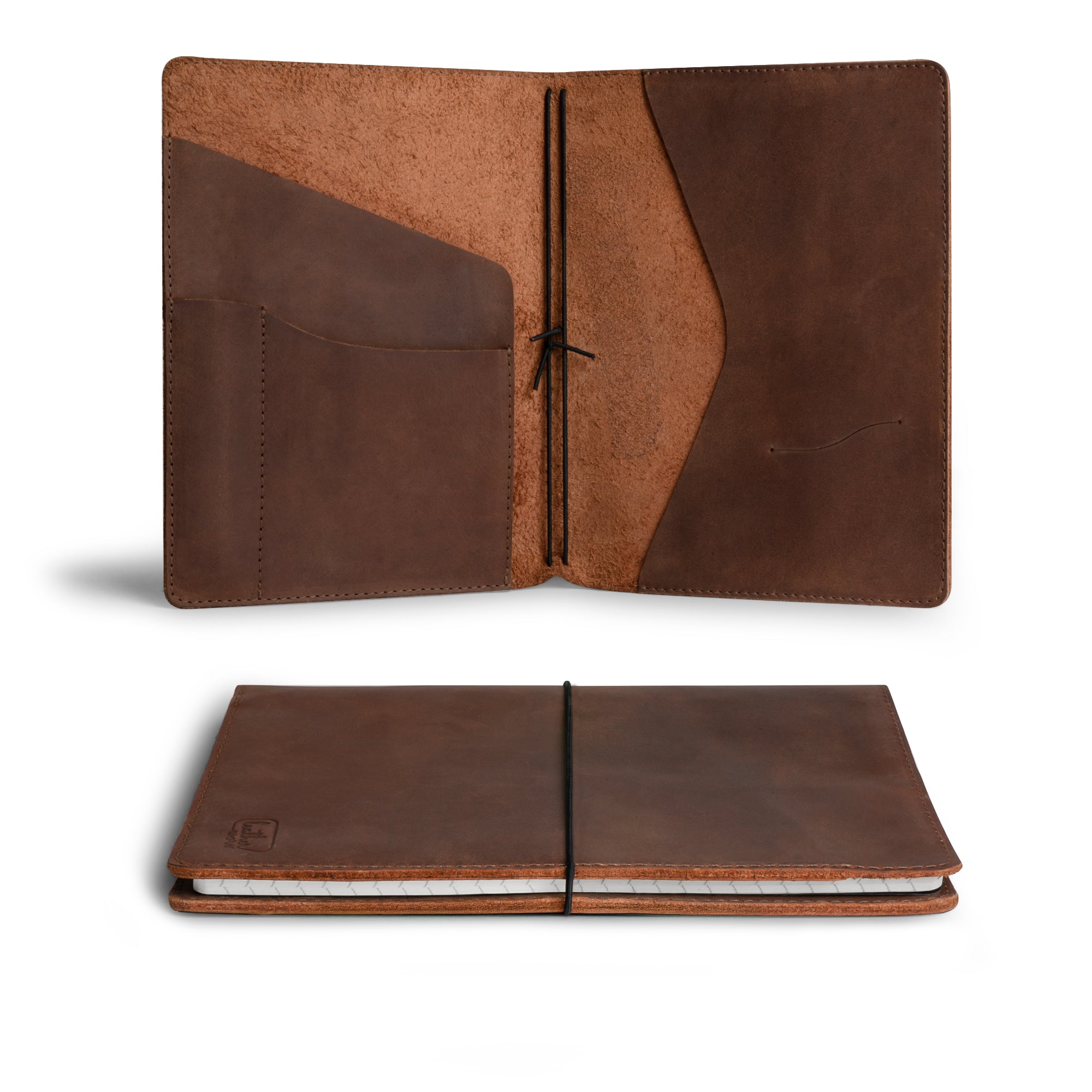 Rustic Cover for A5 Notebooks (5.75 x 8.25 in.) by Leather Worx, opened to reveal its refillable interior and practical pockets for organization. Crafted from full grain leather in small batch production, hand cut and hand sewn in La Antigua Guatemala & Oaxaca Mexico.