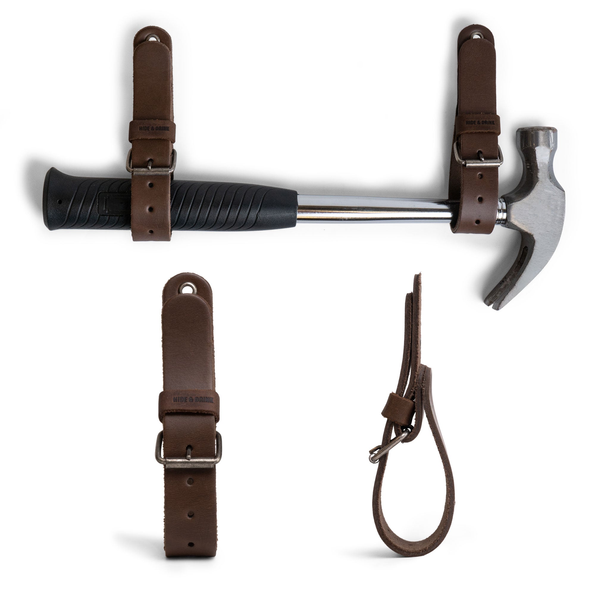 Hide & Drink Wall Hanging Strap displaying a robust leather strap with a hammer attached, demonstrating its versatile use. This set of 2 heavy-duty tool hangers comes with buckle closure for axes, hatchets & tools, serving as an effective organizer hook. Crafted from full grain leather, it highlights the artisan skills through hand-cut, hand-sewn craftsmanship from La Antigua Guatemala & Oaxaca Mexico.