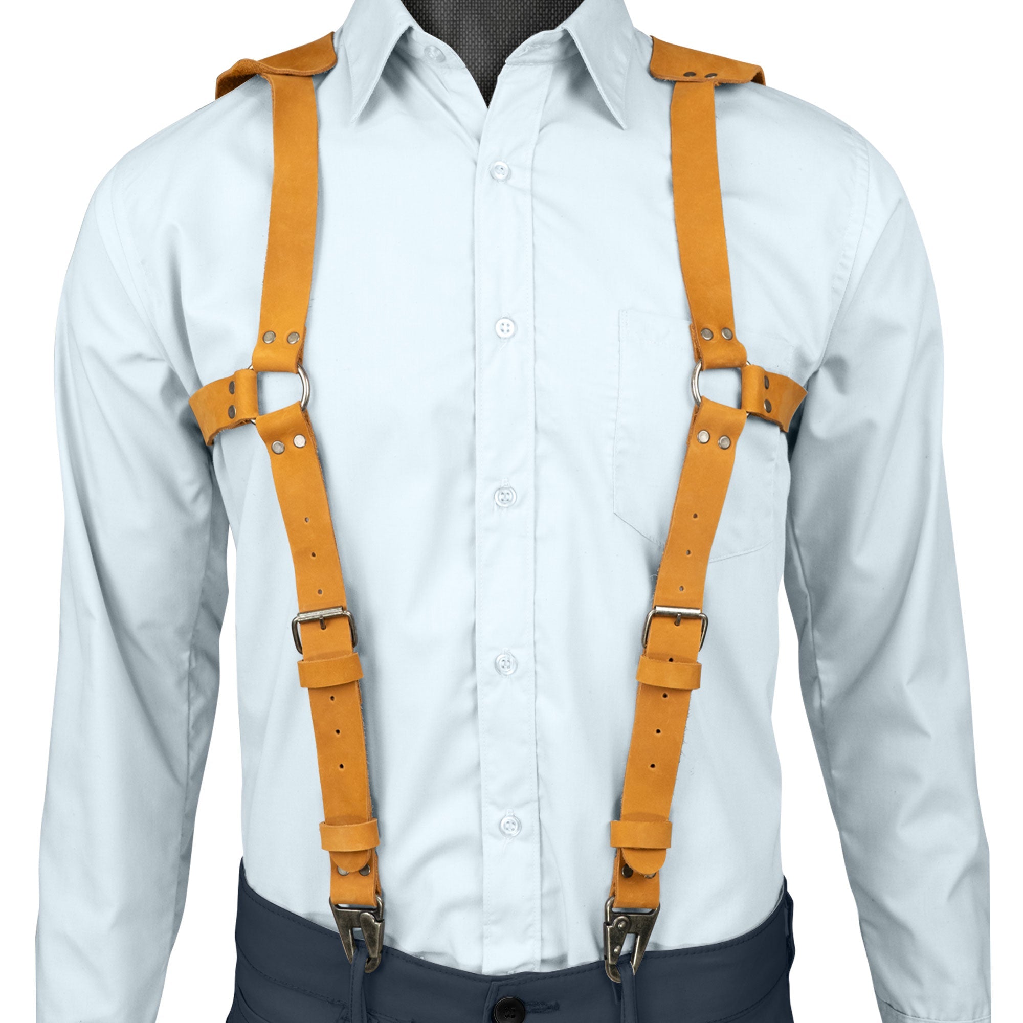 Front view of yellow suspenders with shoulder support by Hide & Groom, showcasing adjustable straps for men's comfortable wear. Handcrafted from full grain leather in La Antigua Guatemala, these suspenders are ideal for weddings.