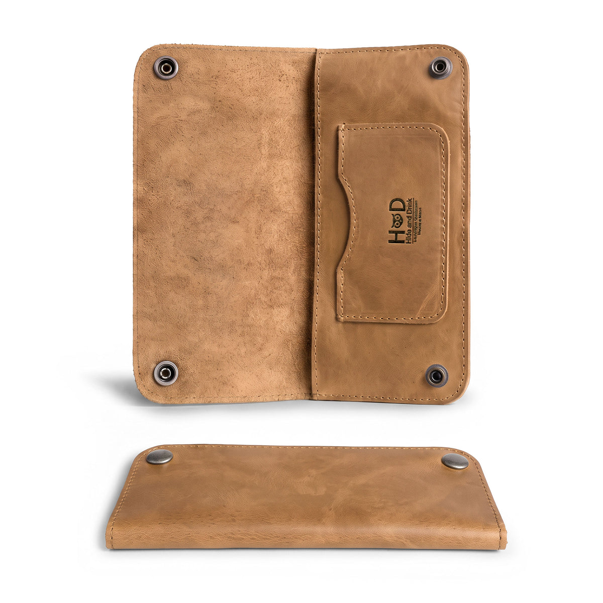 Dimensions view of the Brown Double Snap Folio Wallet by Hide & Drink, showcasing its practical size of 8 inches by 8 inches. This full grain leather accessory doubles as a rectangular flat bill holder with card slot, essential for any night bag or travel accessory, artisan crafted in La Antigua Guatemala & Oaxaca Mexico.