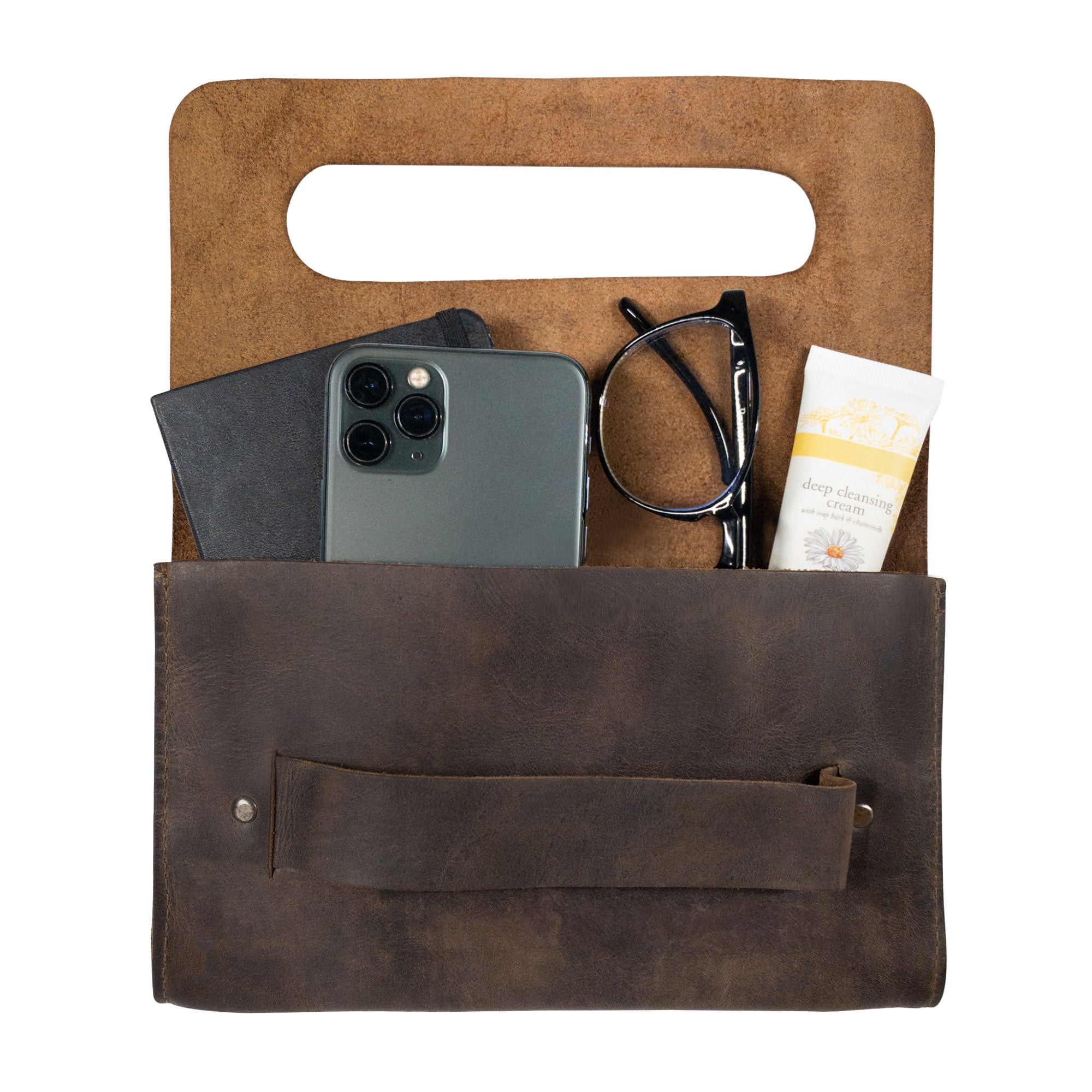 The interior of the Clutch Bag With Handle by Hide & Drink, showcasing organized space for essentials. This Full Grain Leather Clutch Bag with Handle is ideal for women seeking a fashionable handbag or night bag, crafted with artisan care in Guatemala and Mexico.