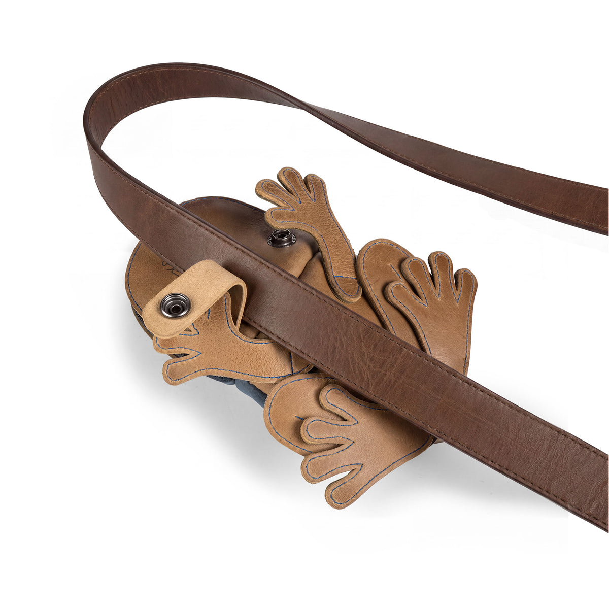 Tudi Frudi Frog Pouch shown open with its frog-shaped design and leather strap, a Frog-Shaped Pouch suitable as a Cable Organizer, Small Accessory Case, Zippered Cash Holder Wallet for Coins, or Change Purse. Designed as Pouches for Men and Women, it features Full Grain Leather, StockyardX Small Batch Production, Hand Cut and Hand Sewn Artisan craftsmanship, Handmade in La Antigua Guatemala & Oaxaca Mexico, and a Fire Branded mark.