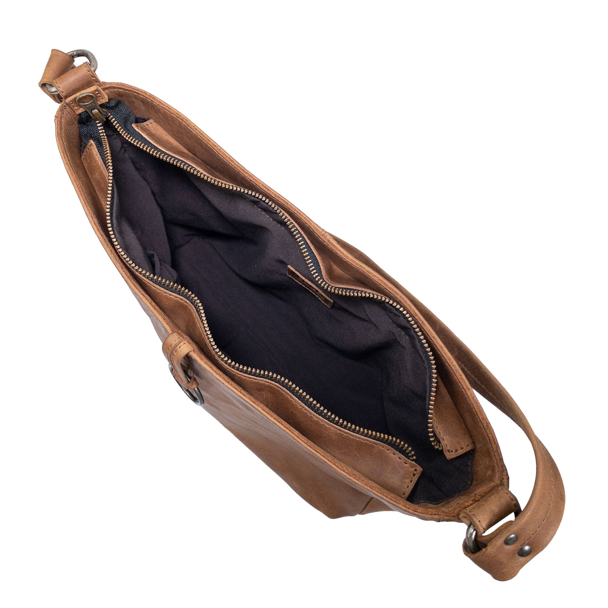 Interior view of the Classic Shoulder Bag by Hide & Drink, displaying the spacious layout and organized compartments. This Classic Shoulder Bag is crafted from Full Grain Leather & Plaid Cotton, perfect for shopping with a unique touch from small batch production, hand cut and sewn, made with artistry in La Antigua Guatemala & Oaxaca Mexico.