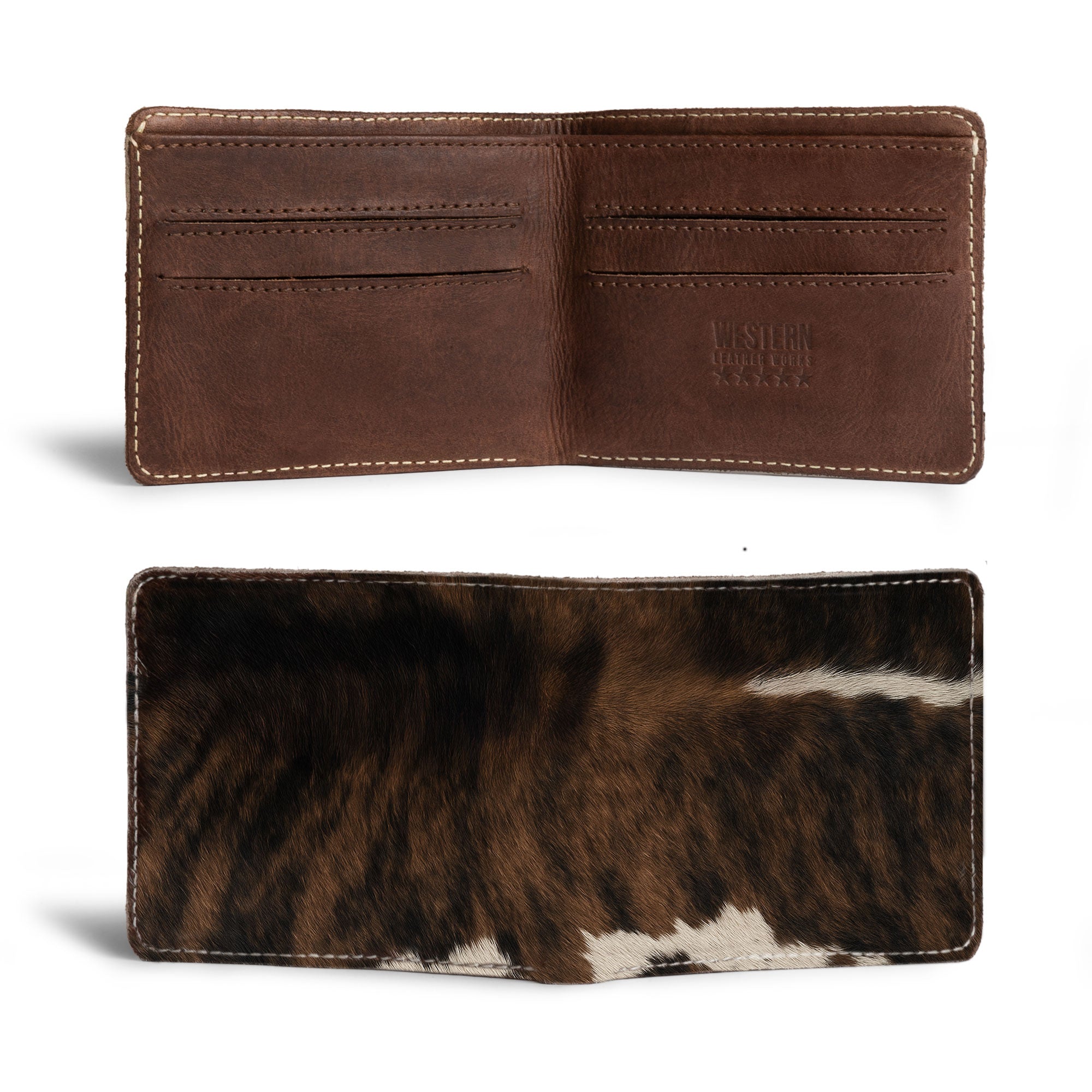 Back view of the Classic Cowboy Wallet by Western Leather Works featuring the distinctive hair-on-hide pattern, emphasizing its handmade quality. Classic Wallet, Business Card & Money Holder, Compact Pocket Organizer, Cowboy Style, Full Grain Leather, StockyardX, Hand Cut, Hand Sewn, Fire Branded, Artisan, Handmade in La Antigua Guatemala & Oaxaca Mexico.