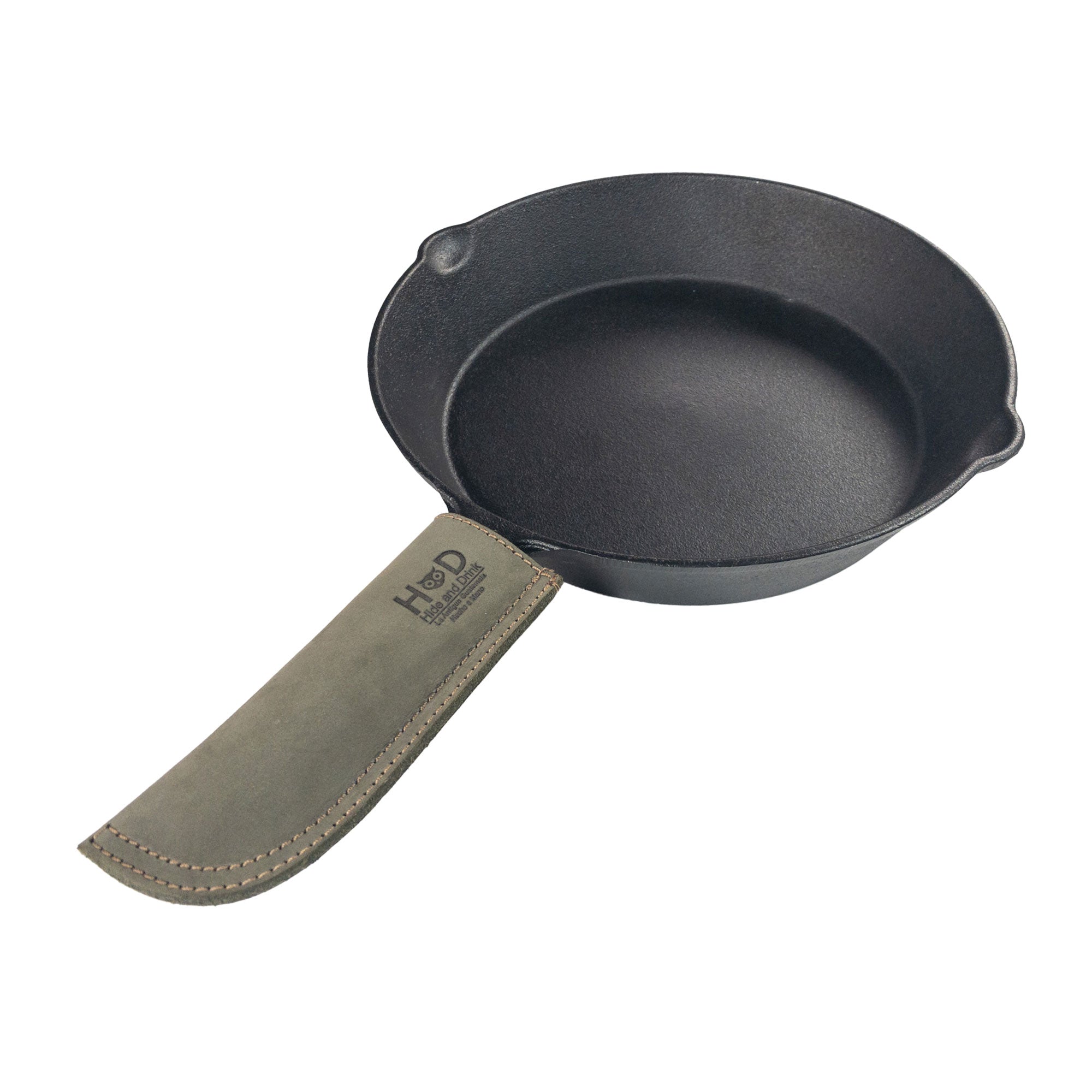 Hot Pan Handle Cover by Hide & Drink, emphasizing artisan-quality materials for grip and heat resistance in frying pans, handmade in La Antigua Guatemala & Oaxaca Mexico.