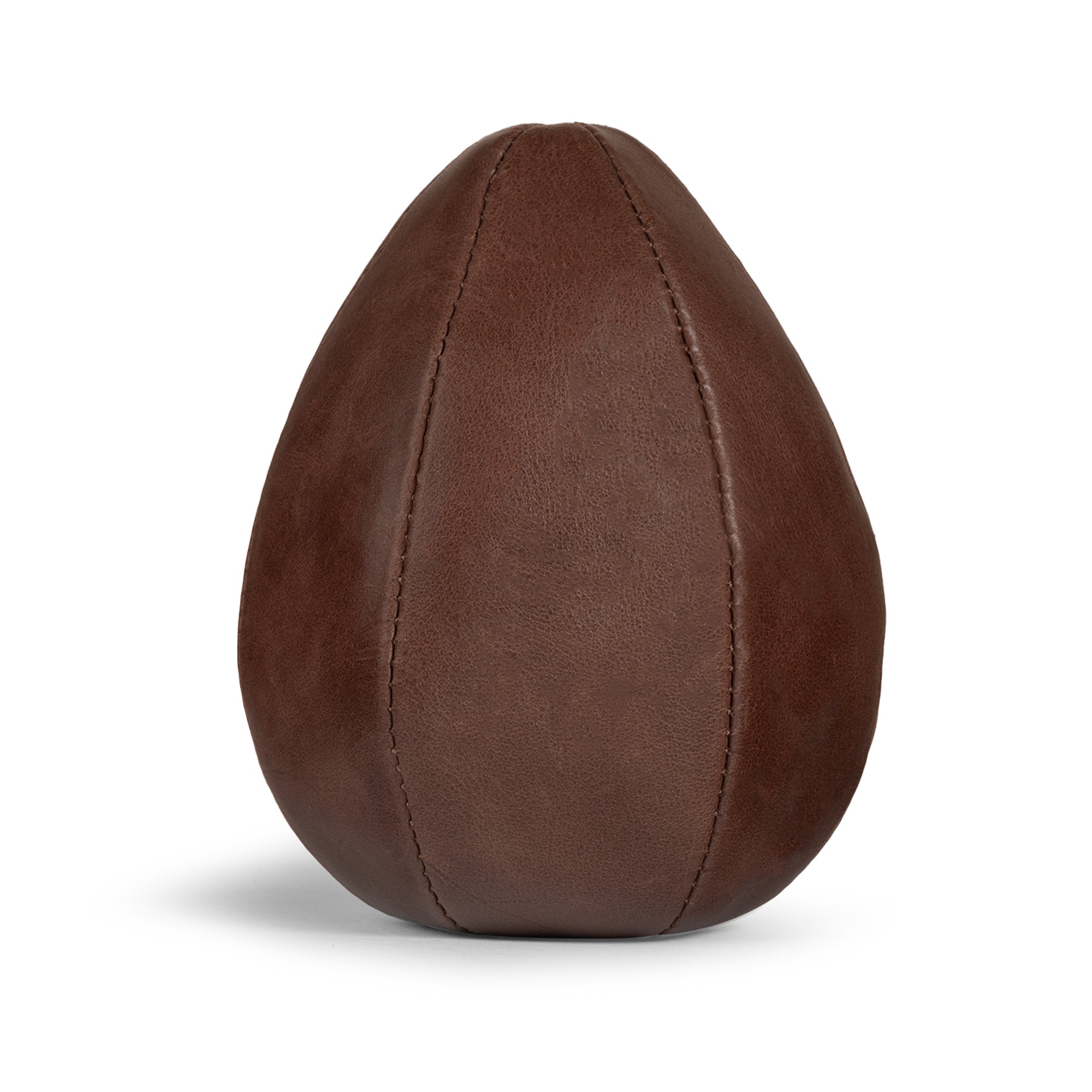 Rear view of the brown Tudi Frudi Dragon Egg Pouch, highlighting its smooth Full Grain Leather, stitched egg-shaped design, StockyardX Small Batch Production, Hand Cut and Hand Sewn craftsmanship, Fire Branded detail, and Artisan character Handmade in La Antigua Guatemala & Oaxaca Mexico.
