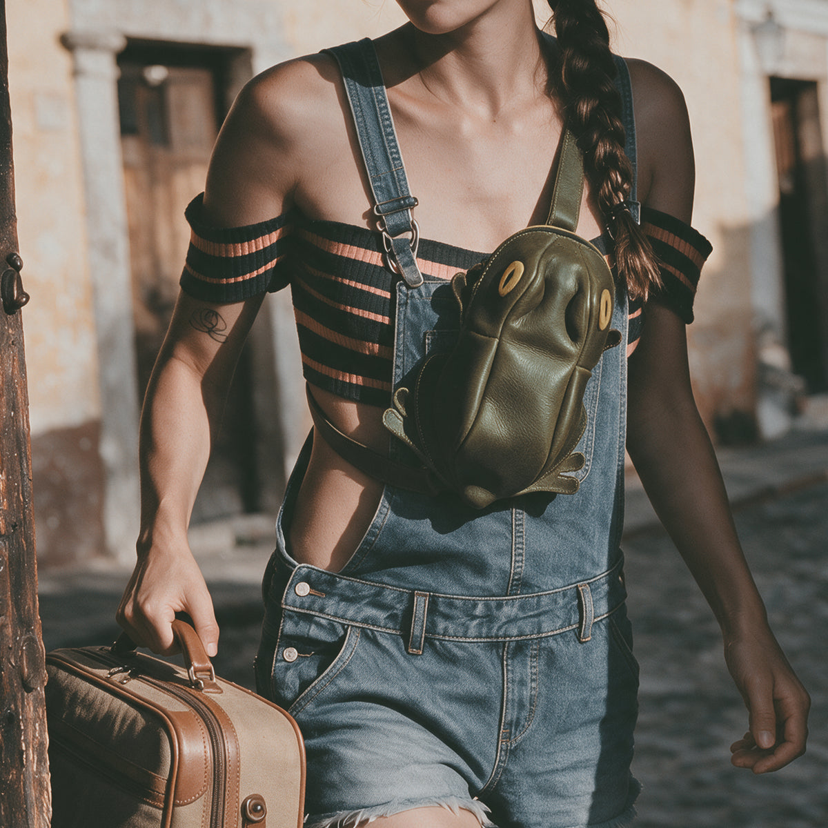 Model wearing the Tudi Frudi Frog Crossbody Bag with Adjustable Shoulder Strap as a Messenger Bag and Shoulder Bag, featuring a playful frog design, Full Grain Leather construction, Zippered Sling Bags versatility, and a compact Travel Backpack style for Purses for Men and Women, Satchel lovers, StockyardX Small Batch Production, Hand Cut, Hand Sewn, Fire Branded, Artisan, Handmade in La Antigua Guatemala & Oaxaca Mexico.