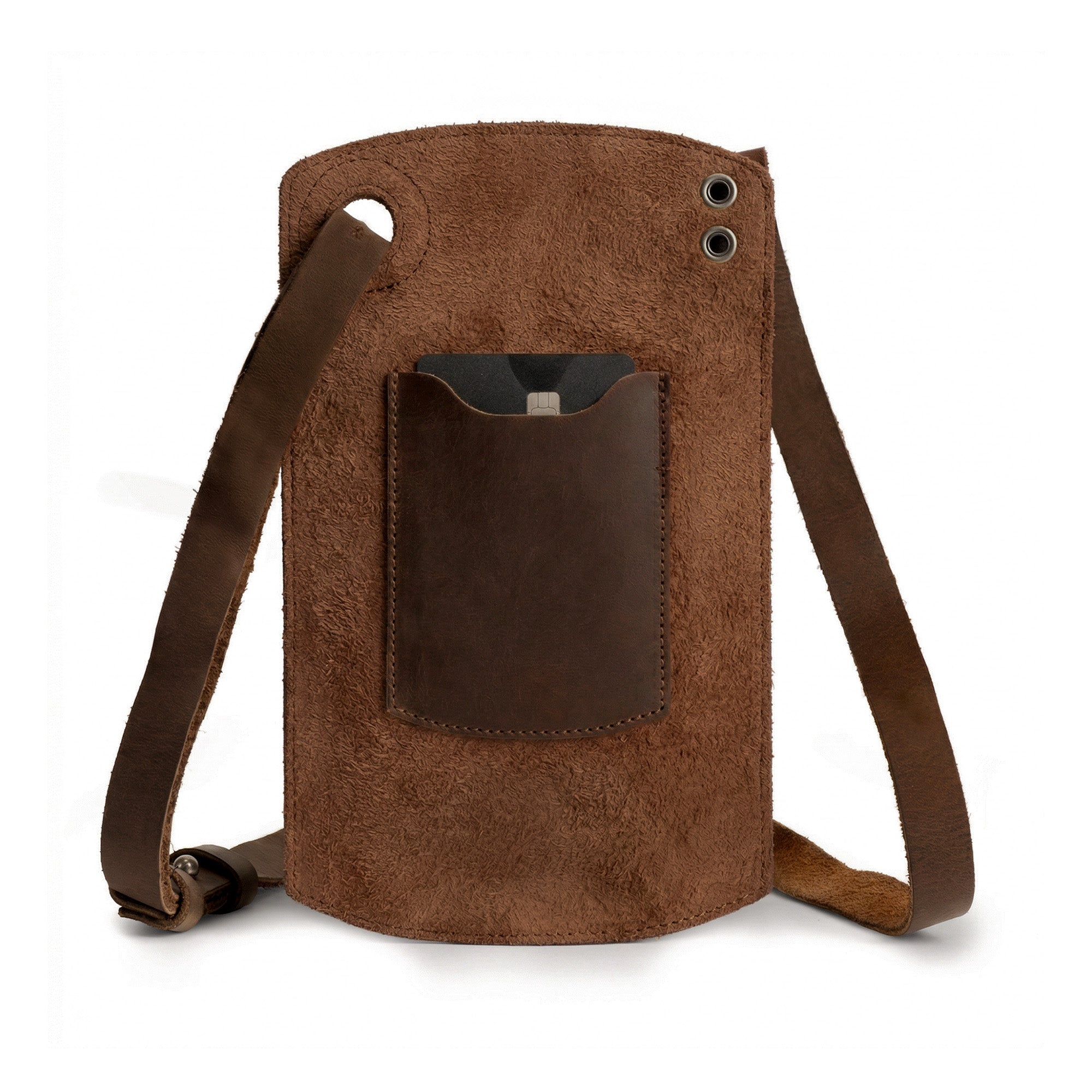 Back view of the Phone Purse with Adjustable Strap by Heather's, showcasing the soft texture and card slot feature. Ideal for everyday use, this horizontal cellphone bag is crafted from premium full grain leather and includes an adjustable neck strap. Each piece is handmade in La Antigua Guatemala, reflecting the artisan spirit of small batch production.