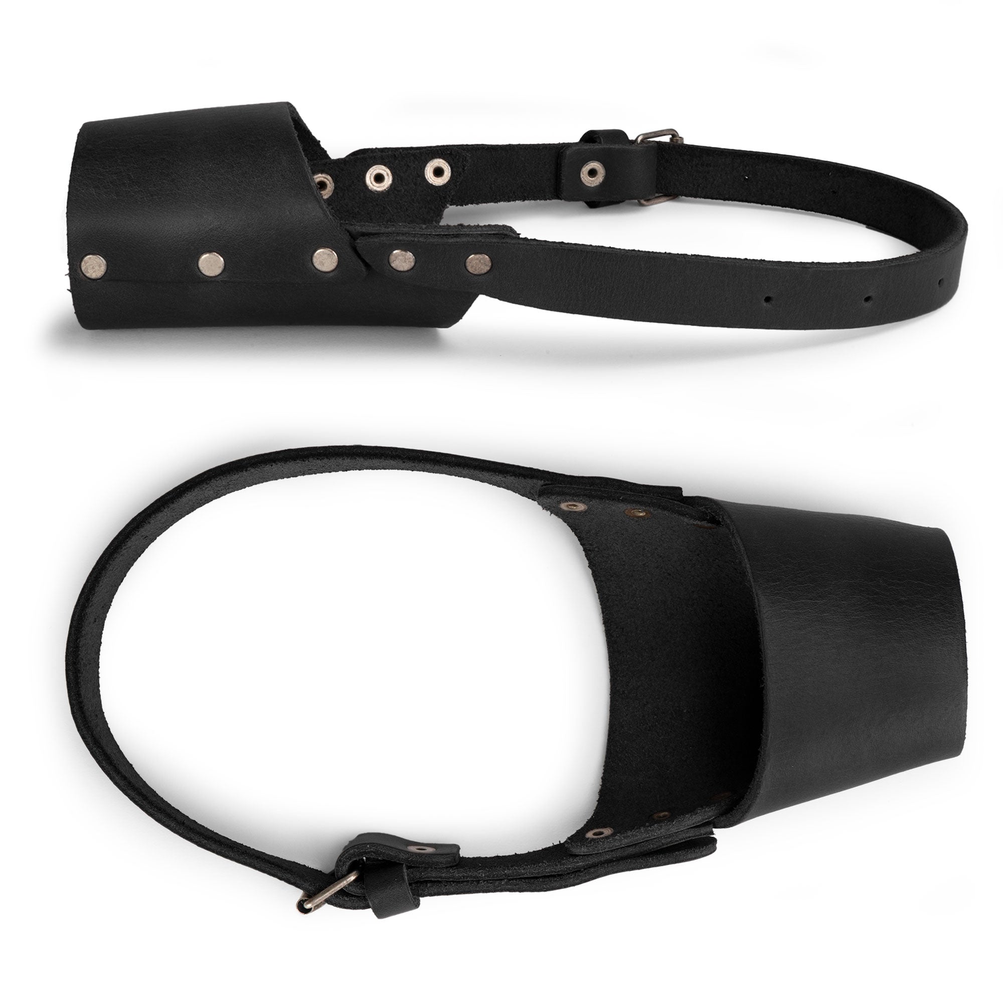 Stylish Riveted Dog Muzzle by Hide & Drink showcasing its excellent craftsmanship and secure design. This full grain leather muzzle guard prevents biting and chewing, ideal for breeds like Pitbulls and German Shepherds, handmade in La Antigua Guatemala & Oaxaca Mexico.