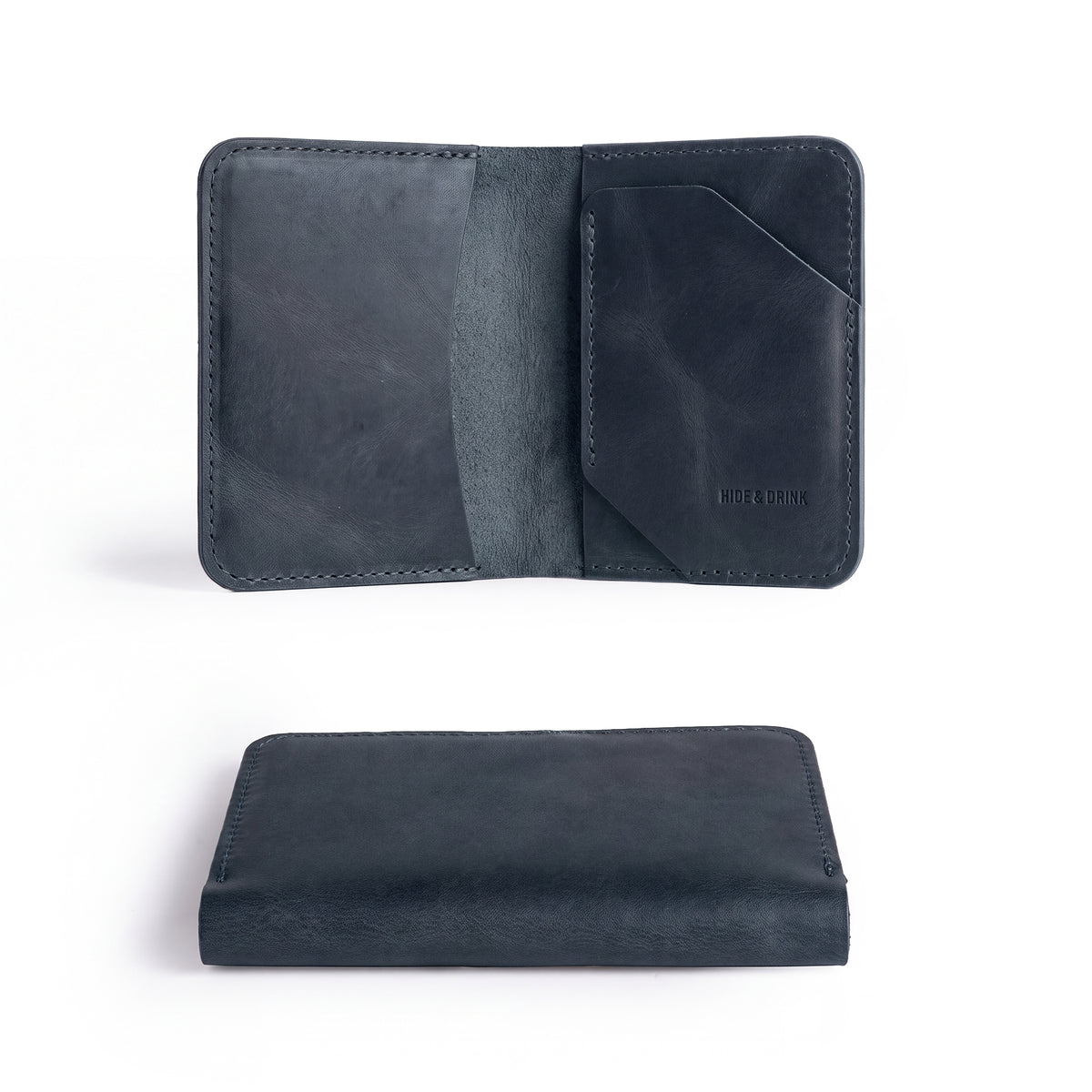 Bi-Fold Card Wallet Diagonal by Hide & Drink presenting a beautiful leather texture, demonstrating its capacity for cards and cash in a compact format.