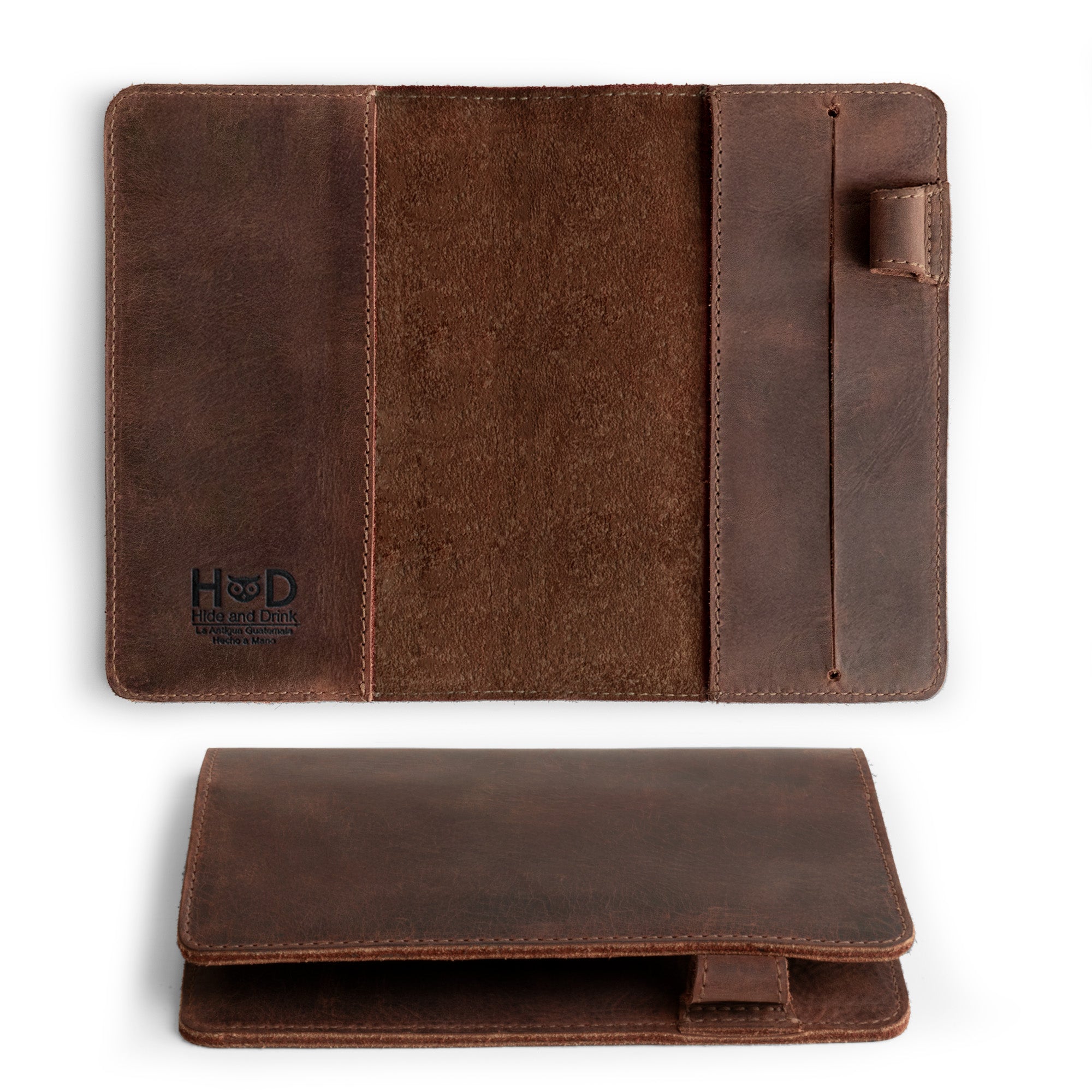 Leuchtturm A6 Hardcover Case by Hide & Drink featuring the outside view of the leather case, serving as a Leather A6 Notebook Cover for Leuchtturm 3.6 x 5.9 in. A refined option for a refillable mini planner case and travel journal cover for men; great for Moleskine & Hobonichi, plus a stylish travelers pocket portfolio binder.