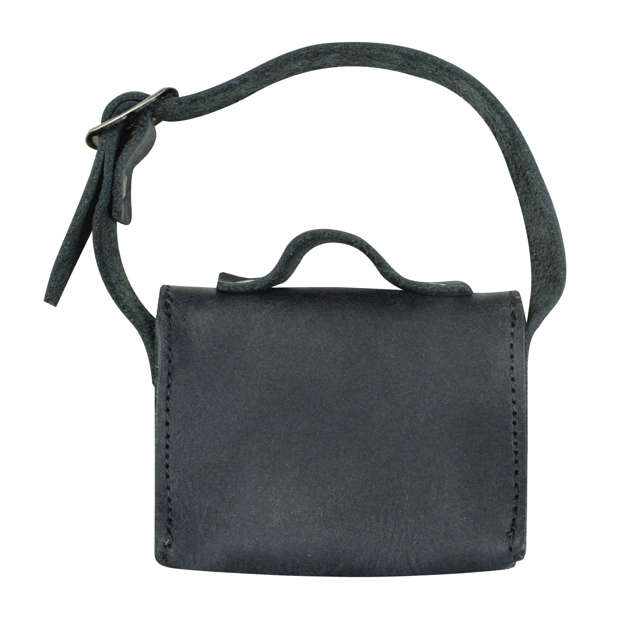 Back view of the Black Tiny Messenger Bag by Hide & Drink, showcasing its sleek design made from premium Full Grain Leather. This Mini Messenger Bag Charm is a perfect keychain or handbag attachment, representing artisan craftsmanship and small batch production in La Antigua Guatemala.