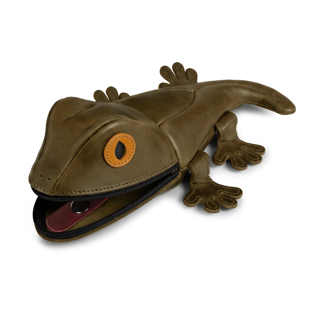 Tudi Frudi Gecko Pouch Gecko Pencil Pouch shown open as a Small Pen Organizer holding a compact accessory; Full Grain Leather Zippered Holder Wallet for Coins, Change Purse, Money Pouches for Men and Women, and Cable Holder from StockyardX Small Batch Production, Hand Cut, Hand Sewn, Fire Branded by an Artisan, Handmade in La Antigua Guatemala & Oaxaca Mexico.