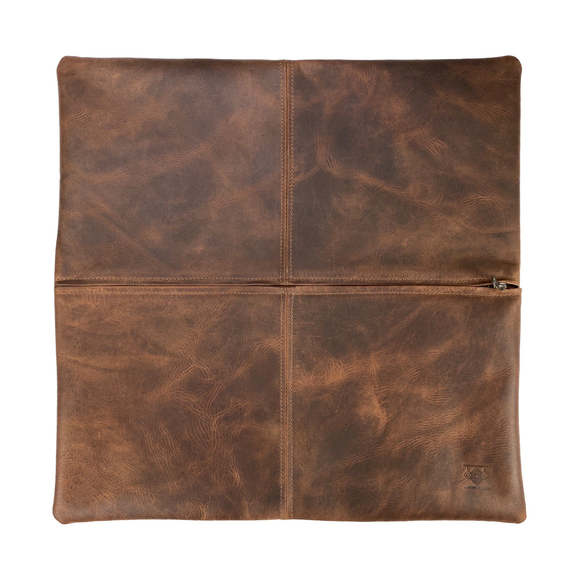 The Leather Pillow Cover 18 x 18 In. by Leather At Home features a sleek design with a zipper for easy access, making it a stylish choice for any home decor. Decorative Pillowcase (18 x18 inches) (Stuffing NOT Included) Wonder-Home Luxury Style, Standard Throw Cushion Covers, Full Grain Leather, StockyardX, Small Batch Production, Hand Cut, Hand Sewn, Fire Branded, Artisan, Handmade in La Antigua Guatemala & Oaxaca Mexico.