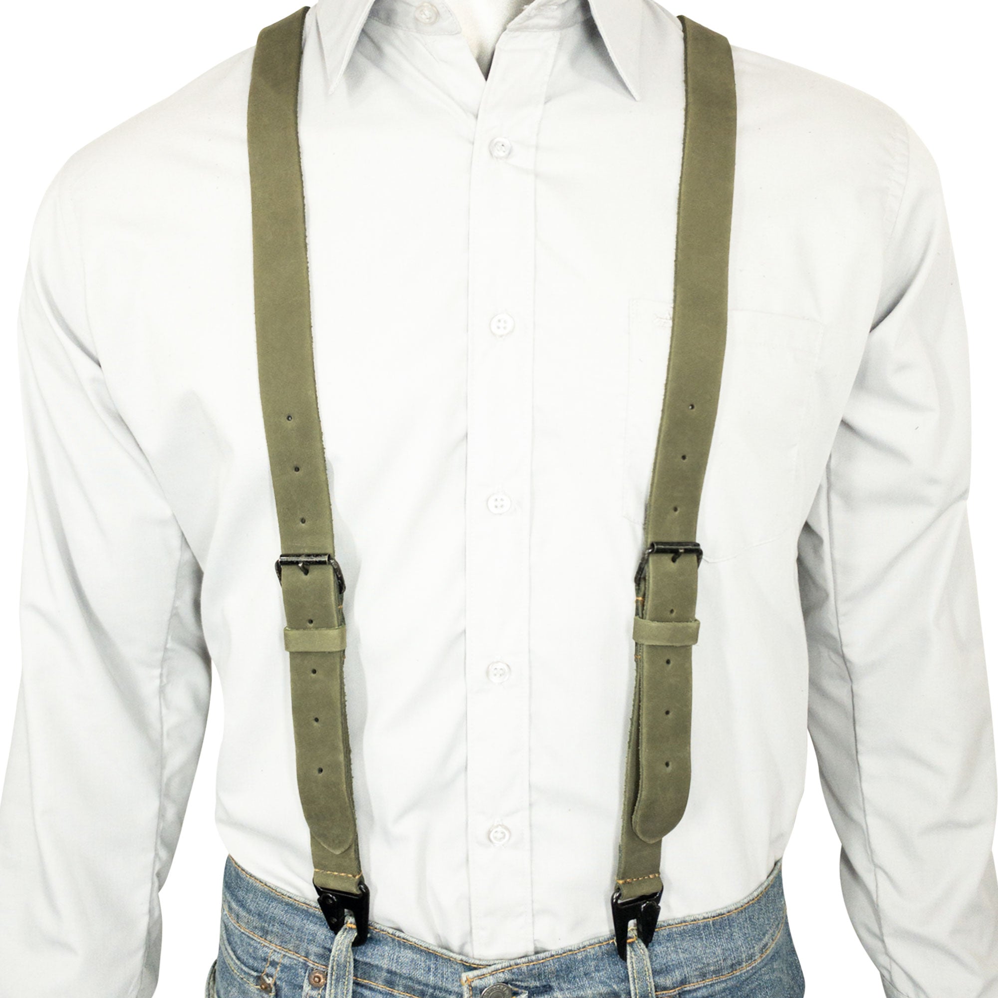 Hide & Drink Rustic Slim Suspenders displayed on a mannequin in olive, emphasizing their stylish yet practical X back design, perfect for grooms at weddings.