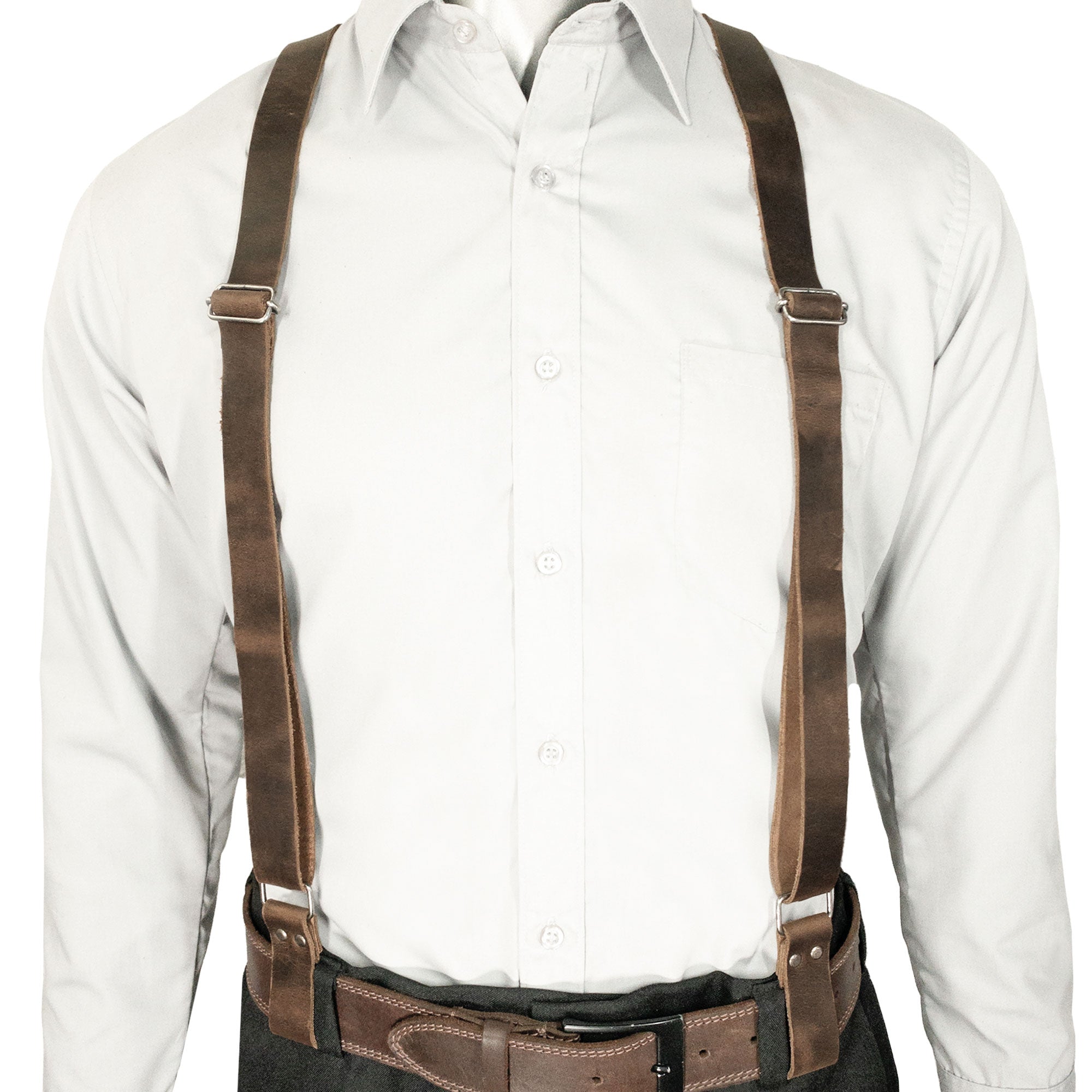 A model wearing Rustic Y Back Suspenders from Hide & Groom, showcasing their stylish look and adjustable fit. These suspenders, ideal for groomsmen and best men, are made from full grain leather, combining artisan craftsmanship with a design perfect for wedding ceremonies and dinner parties.