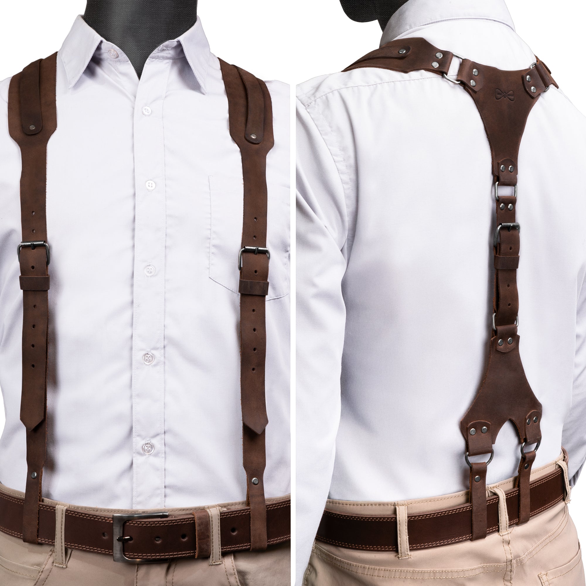 Model wearing Armageddon Suspenders by Hide & Groom, featuring riveted suspenders with adjustable size straps. Made from high-quality full grain leather, these suspenders reflect small batch production and artisan craftsmanship, hand cut and hand sewn in La Antigua Guatemala & Oaxaca Mexico.