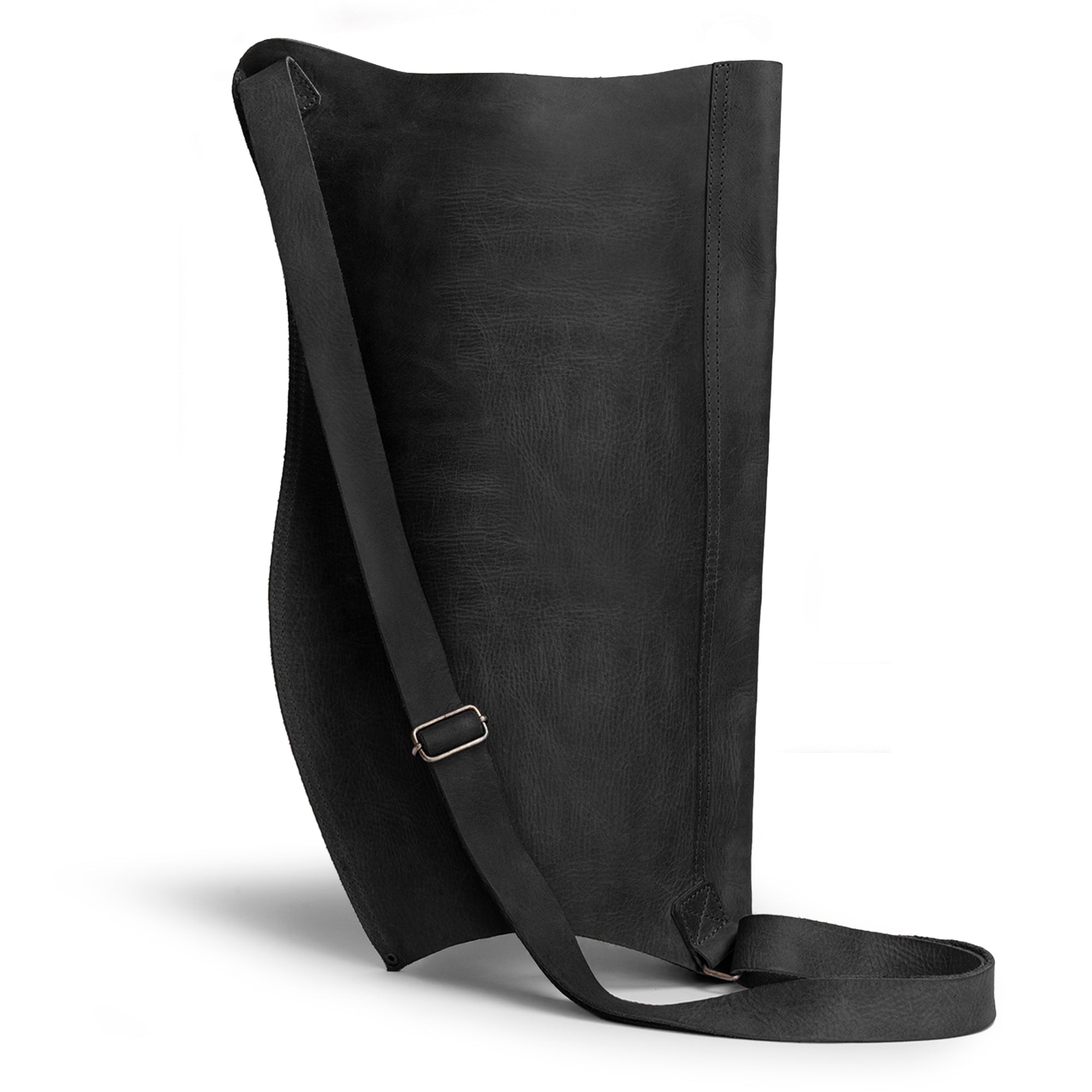 Back view of the black version of Valhalla Gear's Archery Bow Carrier with Arrow Slots, showcasing its stylish design and adjustable strap. This full grain leather carrier is ideal for archers training, participating in cosplay, or shooting activities.