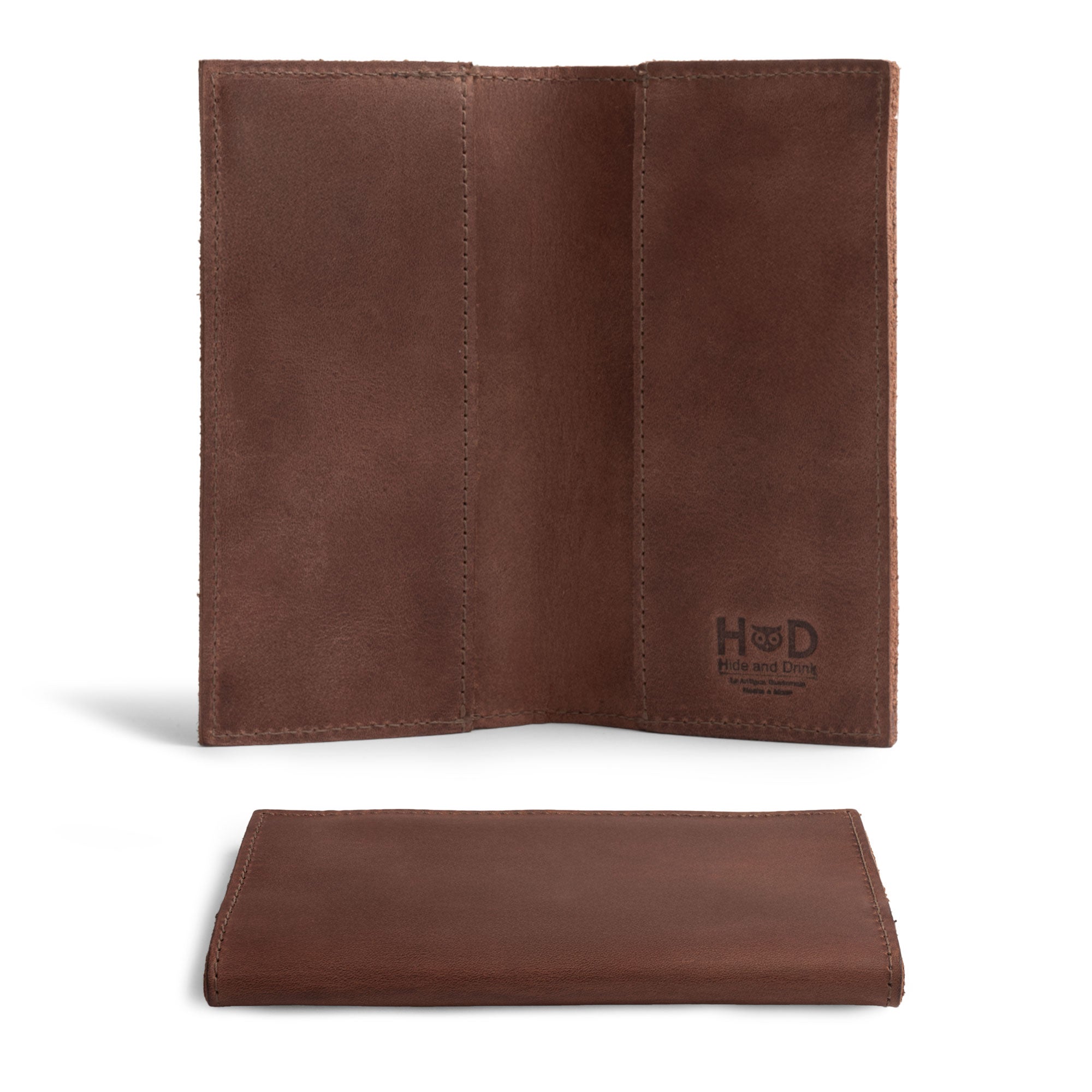 Inside view of the Checkbook Leather Cover by Hide & Drink, designed as a minimalist organizer for standard checkbooks, made from full grain leather. This handmade piece represents artisan craftsmanship from La Antigua Guatemala & Oaxaca Mexico, emphasizing small batch production.