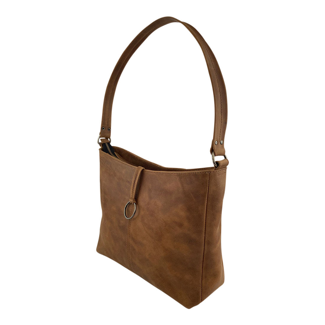 Side view of the Classic Shoulder Bag by Hide & Drink, highlighting the comfortable strap and overall design. This Classic Shoulder Bag is an ideal accessory for shopping made from Full Grain Leather & Plaid Cotton, showcasing small batch production, hand cut and sewn craftsmanship, and artisan quality made in La Antigua Guatemala & Oaxaca Mexico.