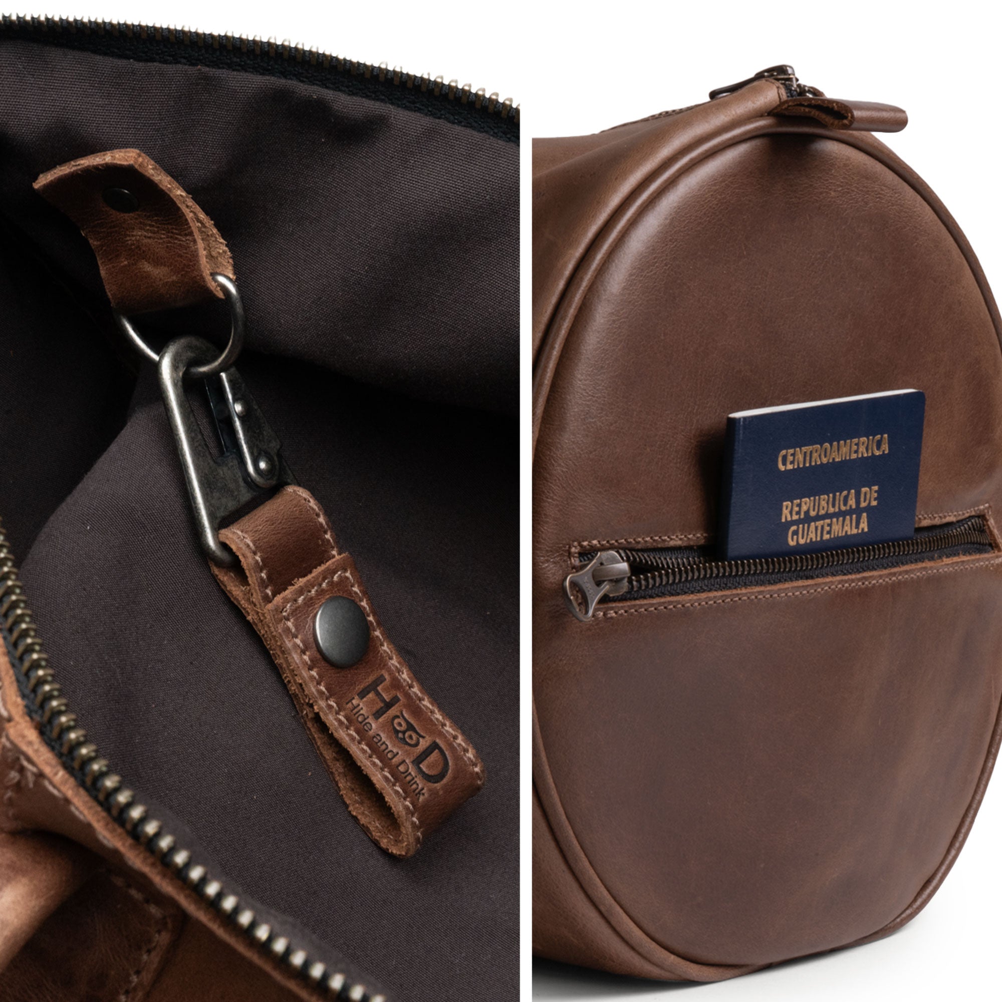 Close-up of the interior details of the Classic Duffle Bag by Hide & Drink, featuring a soft lining and quality zippers. This Full Grain Leather Classic Duffle Bag is designed with an adjustable strap and zipper closure, serving as a stylish Messenger Bag for travel, all handmade in La Antigua Guatemala & Oaxaca Mexico.