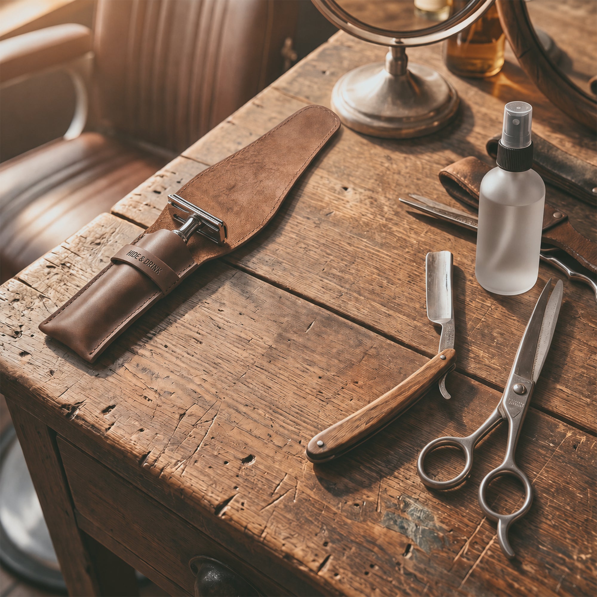 Safety Razor Case by Hide & Drink with a sleek razor included, made from premium Full Grain Leather. This handmade piece is an essential for personal care, showcasing small batch production from skilled artisans in La Antigua Guatemala.