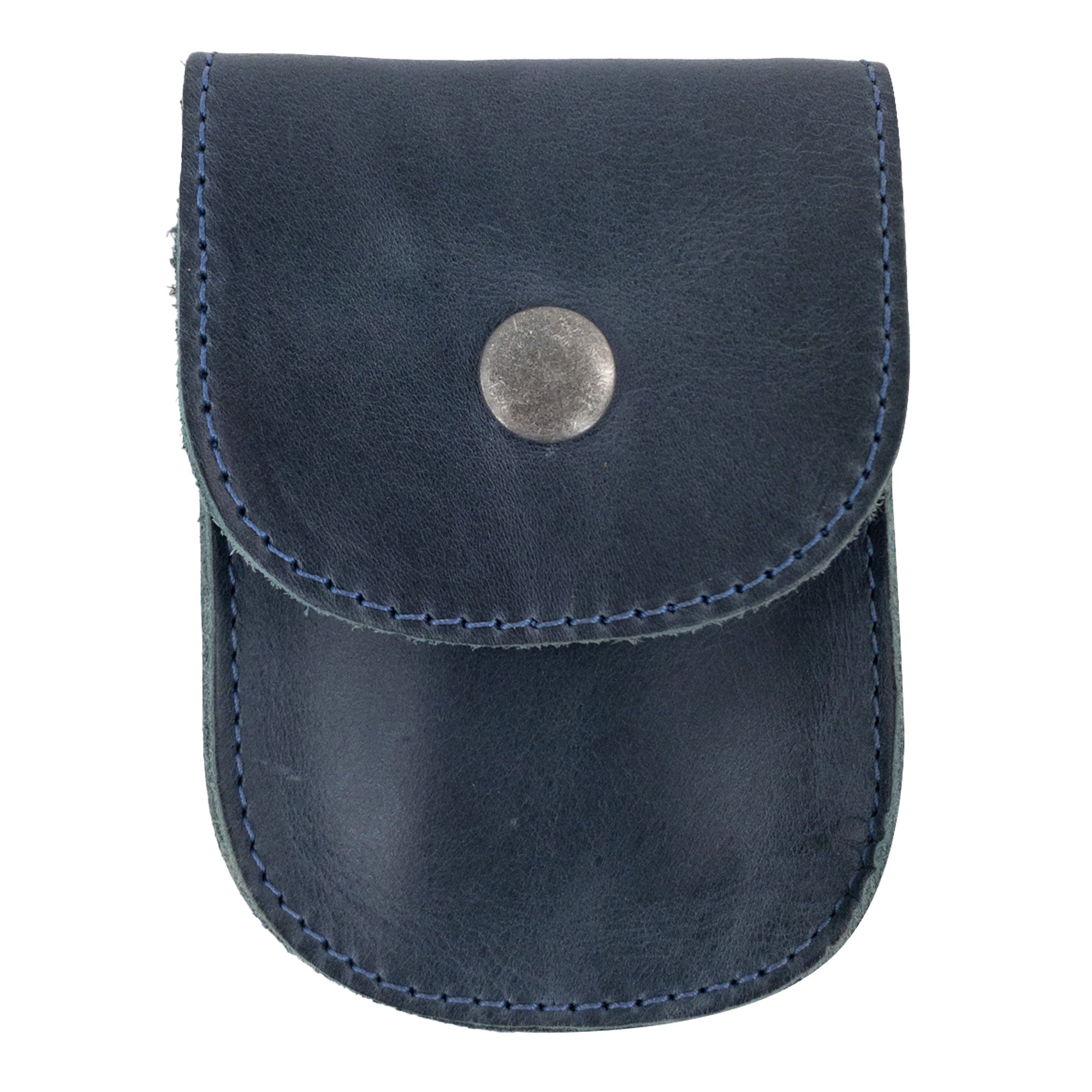 Navy Holster Pouch by Hide & Drink shown closed, representing quality craftsmanship and stylish utility. This durable pouch is ideal for carrying coins and pocket items, handmade in La Antigua Guatemala.