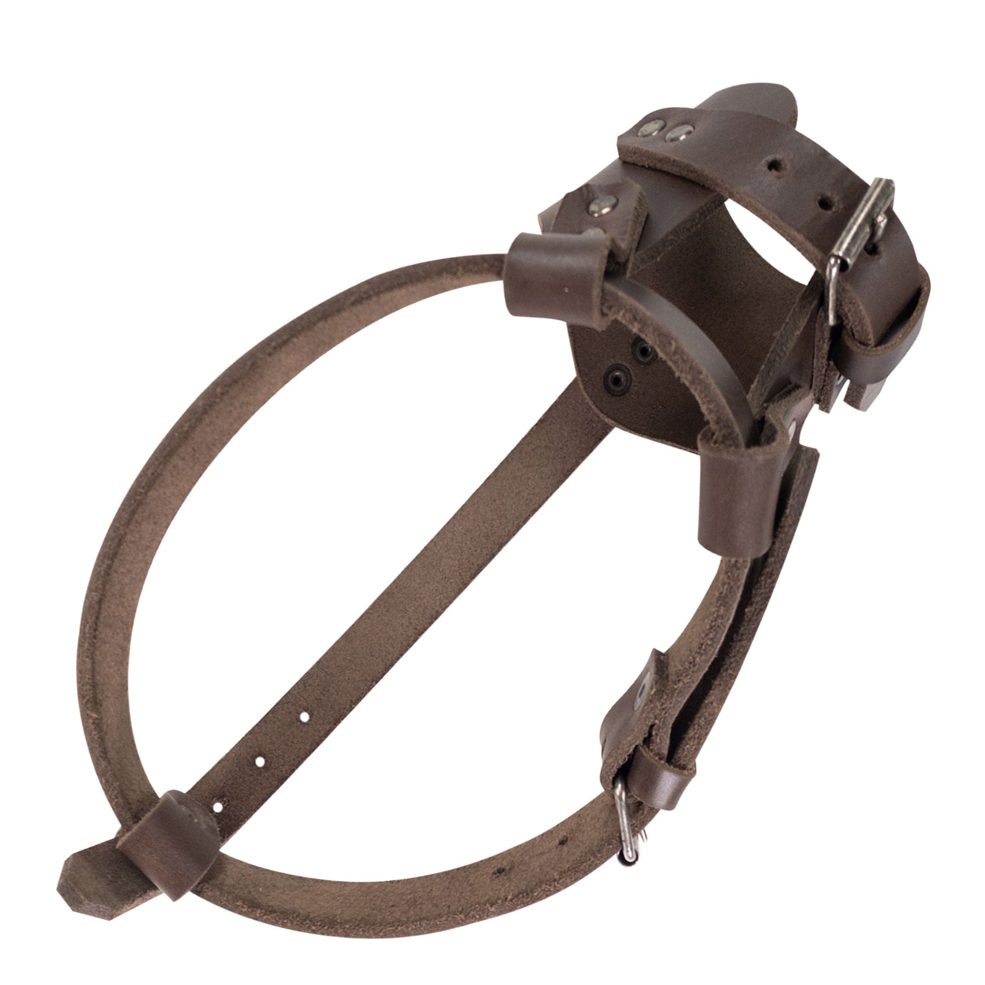 Anti Bite Dog Muzzle by Taco Dog displayed from above, featuring a rustic design with adjustable straps ensuring a secure fit for training. This mouth guard mask prevents biting and chewing while being made from full grain leather, highlighting the small batch production and artisan hand cut and hand sewn methods used in La Antigua Guatemala & Oaxaca Mexico.