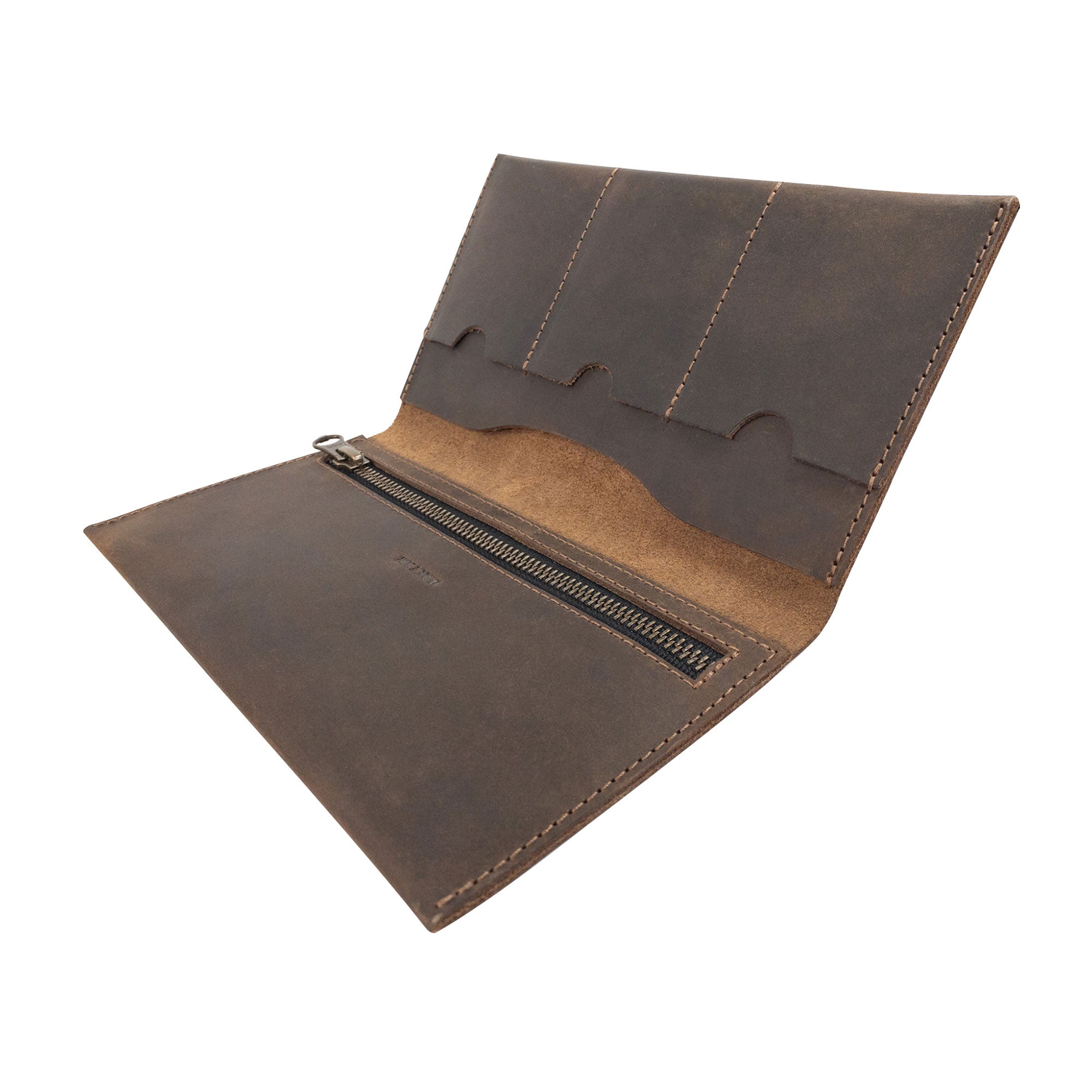 Side angle of the Hide & Drink Large Wallet for Passport with Credit Card Slots, highlighting its full grain leather finish and zipper closure, from small batch production in La Antigua Guatemala & Oaxaca Mexico.