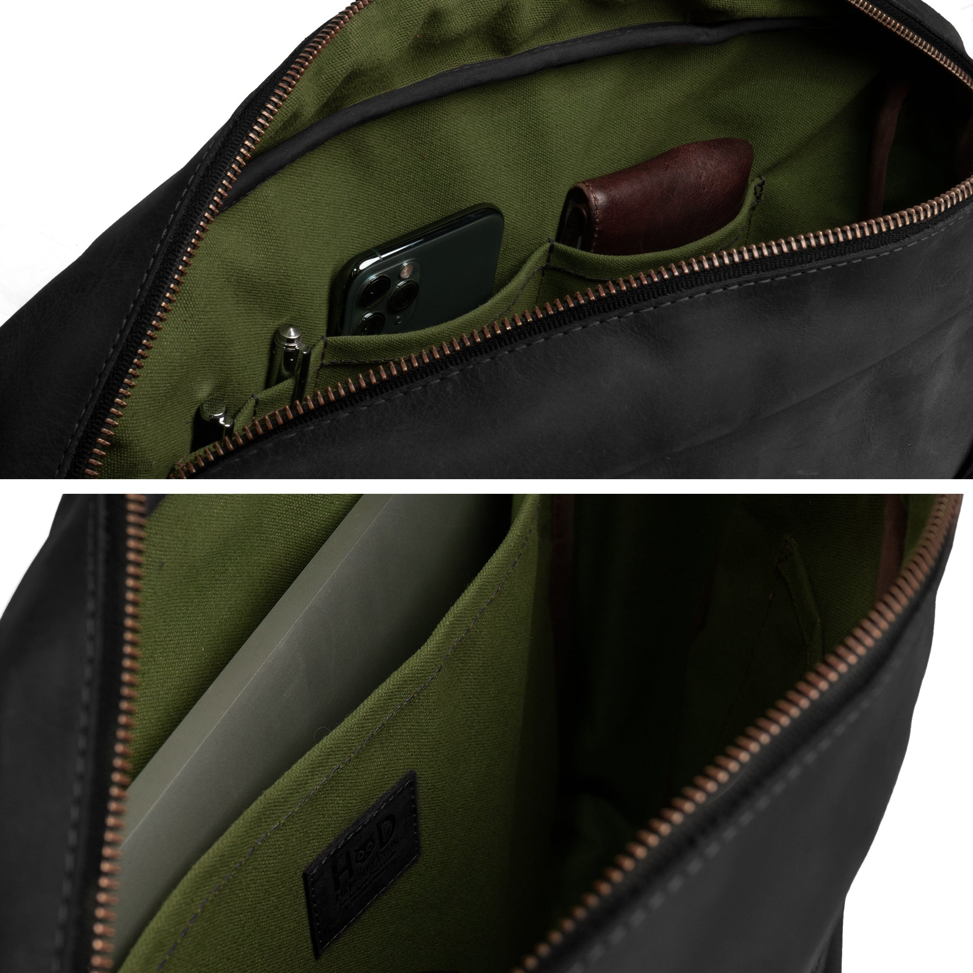 Inside details of the Classic Leather Briefcase by Hide & Drink, emphasizing its functional design and organizational pockets. This Full Grain Leather messenger bag is made with an adjustable shoulder strap and a water resistant canvas lining, perfect for laptop carrying. Handcrafted in La Antigua Guatemala, this artisan product is a fine example of small batch craftsmanship.