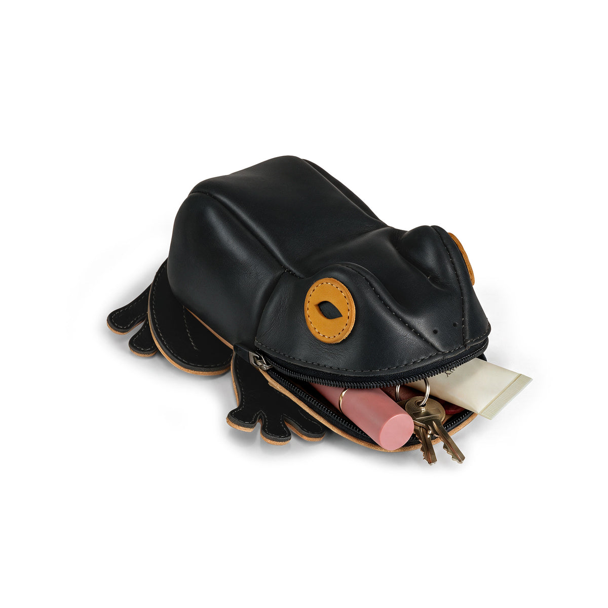 Tudi Frudi Frog Pouch filled with coins, keys, and small essentials, showing the Frog-Shaped Pouch as a practical Full Grain Leather Small Accessory Case, Cable Organizer, Zippered Cash Holder Wallet for Coins, Change Purse, and Pouches for Men and Women. StockyardX Small Batch Production, Hand Cut, Hand Sewn, Fire Branded, Artisan, Handmade in La Antigua Guatemala & Oaxaca Mexico.