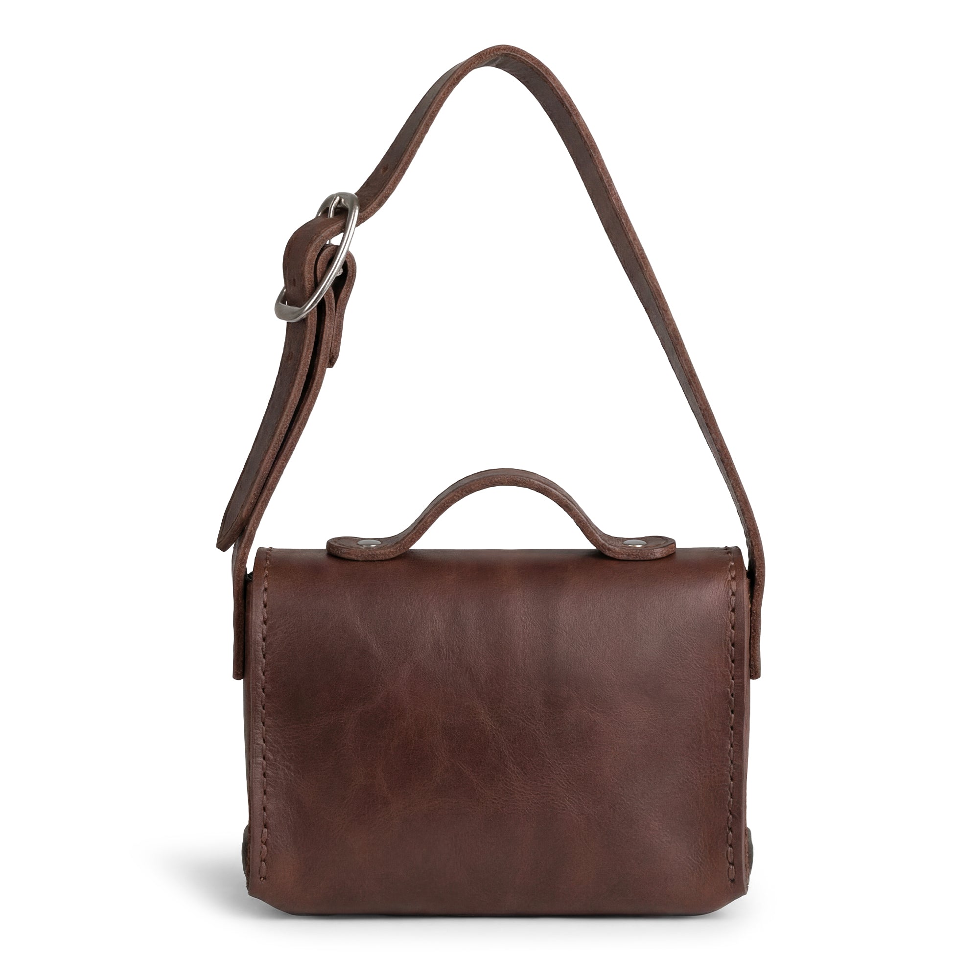 Back of the Tiny Messenger Bag by Hide & Drink, demonstrating the quality of Full Grain Leather in this Mini Messenger Bag Charm. An ideal addition to your handbag or as a keychain, this artisan product ensures small batch production with meticulous hand-cut and hand-sewn craftsmanship.