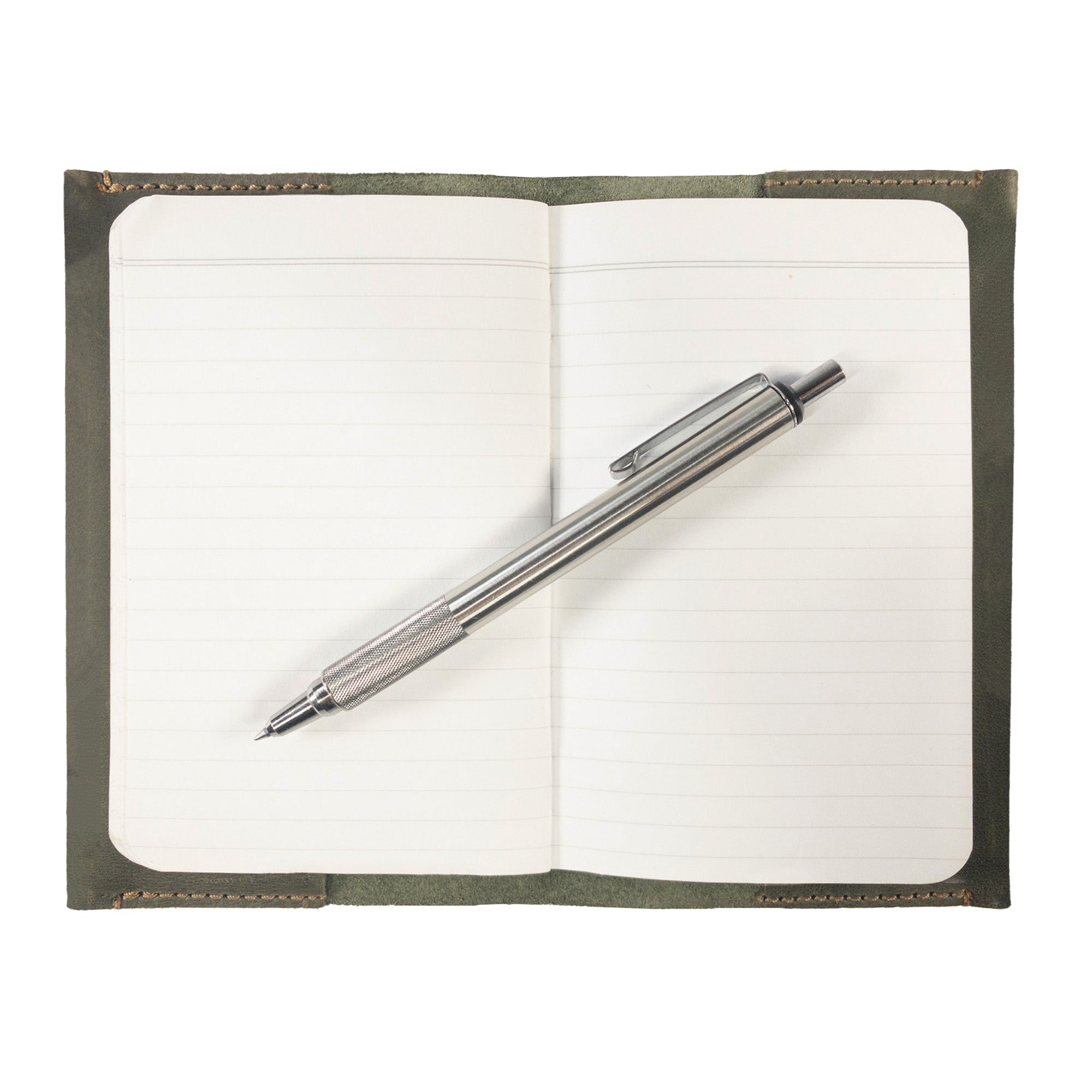 Hide & Drink Field Notes Cover in use with a pen, a versatile pocket-sized memo books cover compatible with Field Notes (3.5 x 5.5 in.) journal case and card slot, artisan-crafted from full grain leather.
