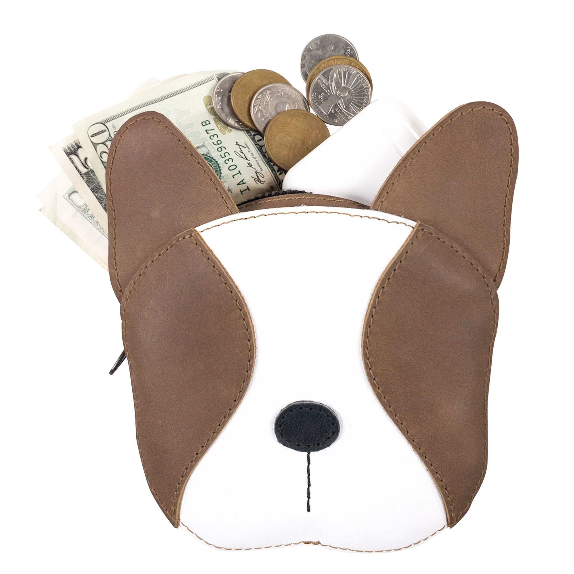 Versatile French Bulldog-Shaped Leather Wallet by Taco Dog, offering ample storage for cash and coins. This stylish handbag, made in La Antigua Guatemala, features durable full grain leather. Ideal as a travel case for pet lovers, its artisan touch with hand cut and hand sewn details makes it a unique accessory.