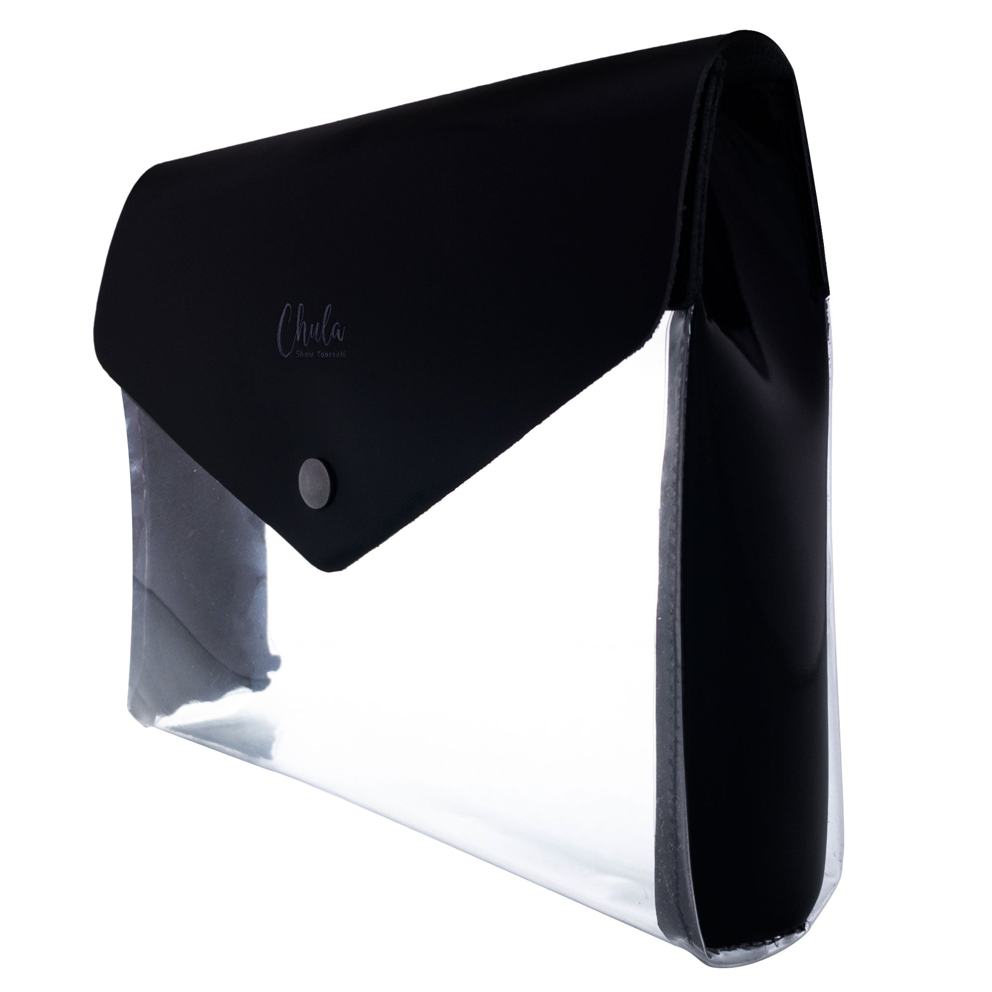 Side view of the Chula Rectangular Purse featuring a sleek design with transparent PVC material, making it a versatile accessory. This handbag is great for travel, serving as a Rectangular Bag for Travel, Makeup, Wallets and Toiletries. Crafted from Full Grain Leather, it's a handmade item embodying small batch production from artisans in La Antigua Guatemala.