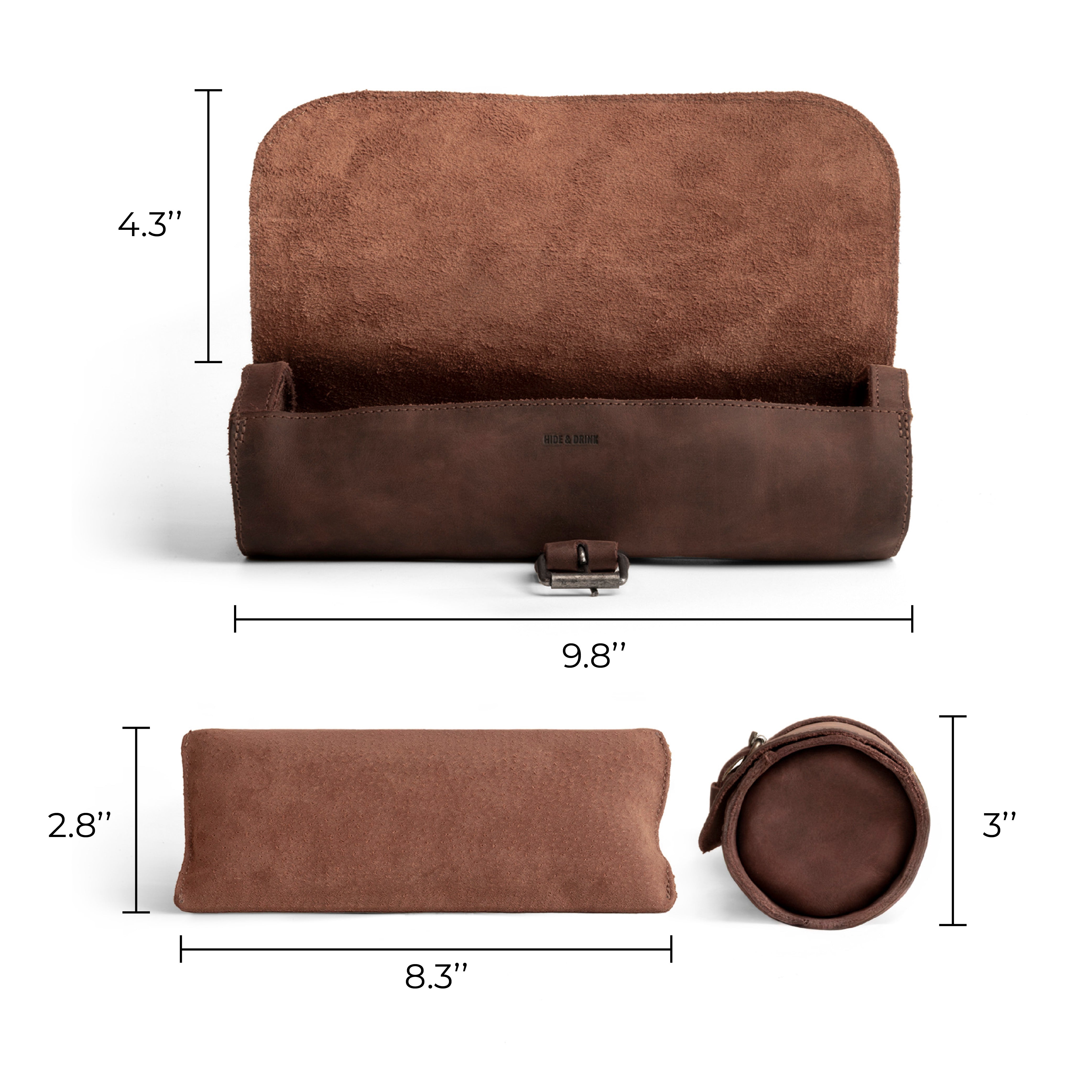 Dimensions of the Cylinder Watch Case by Hide & Drink, made to securely store up to 4 watches. This Full Grain Leather piece doubles as a travel accessory and jewelry roll organizer. The craftsmanship reflects small batch production techniques, ensuring each item is hand cut, hand sewn, and fire branded, created by skilled artisans in La Antigua Guatemala & Oaxaca Mexico.