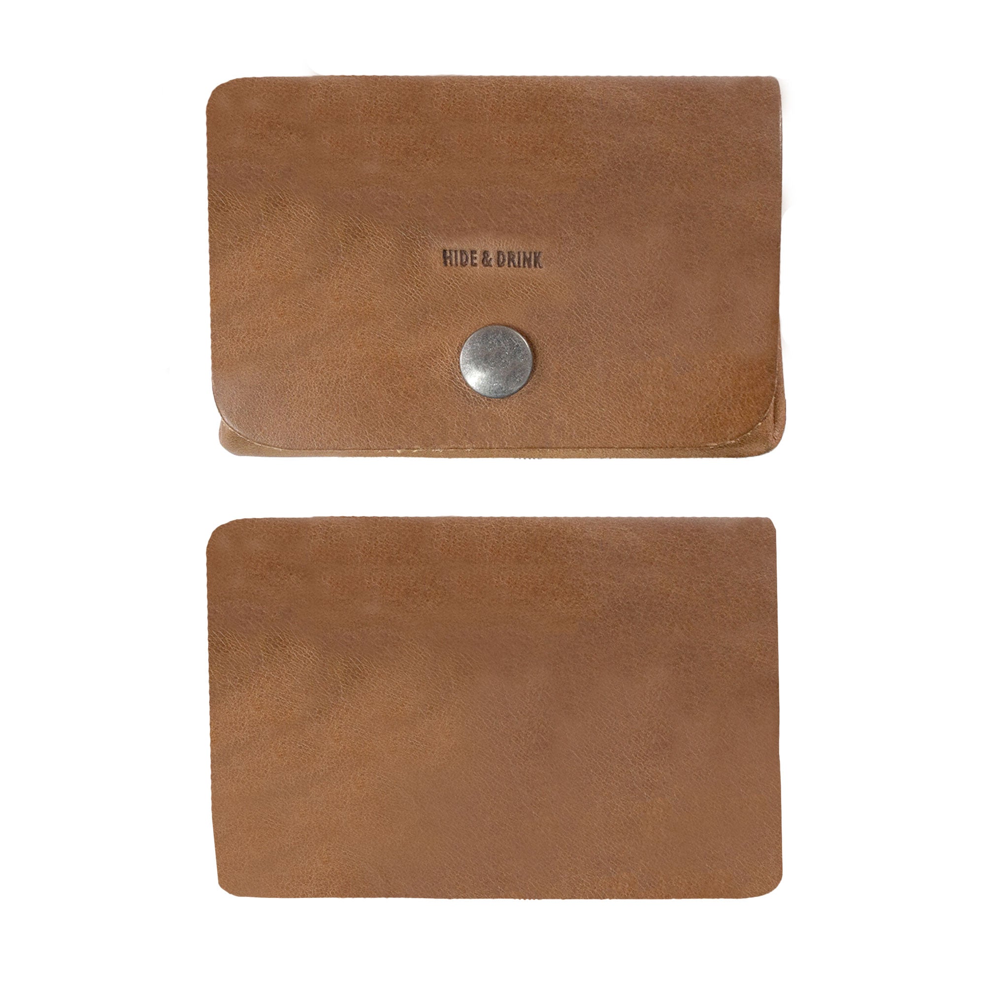 Overview of the brown Leather Double Pouch Card Wallet by Hide & Drink, focusing on its durable design. This Leather Double Pouch Card Wallet excels as a card organizer, cash holder, and ID case, suitable for both men and women, handmade in La Antigua Guatemala & Oaxaca Mexico.