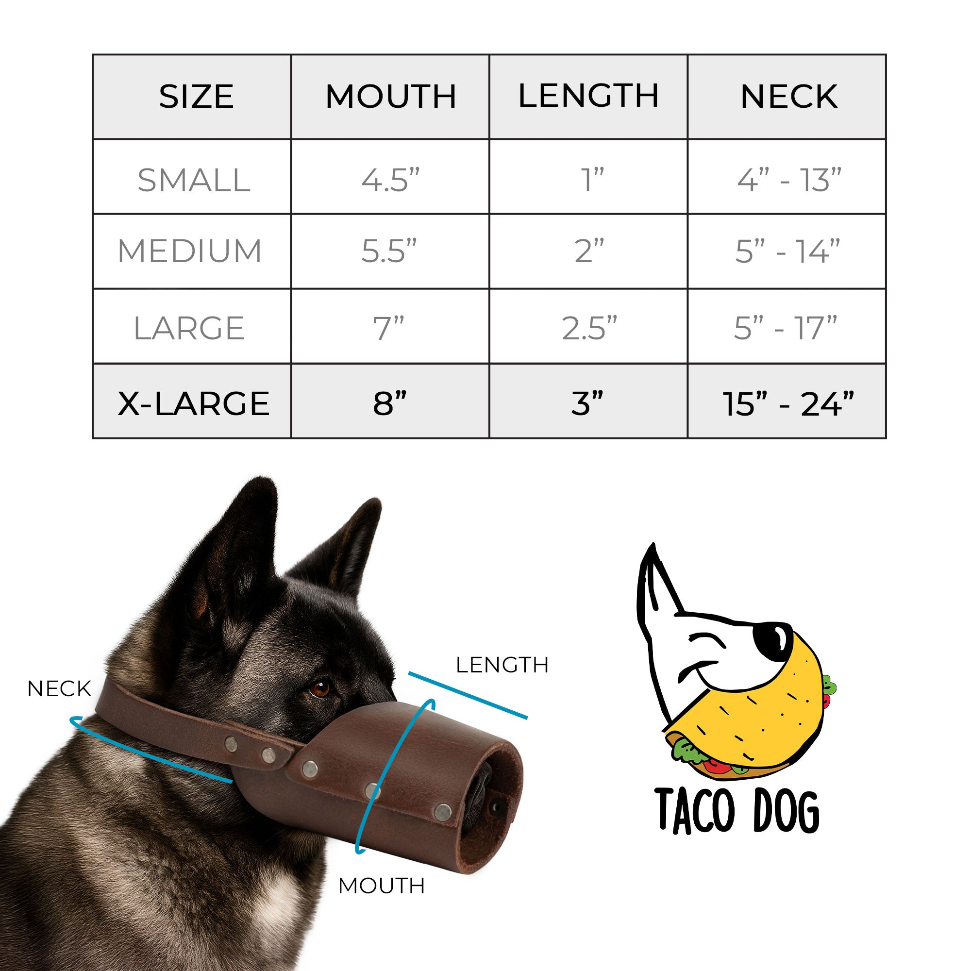 Taco Dog Dog Muzzle worn by a large dog, showcasing its secure fit and handcrafted design. Made from full grain leather, this muzzle is perfect for training while preventing unwanted behaviors.