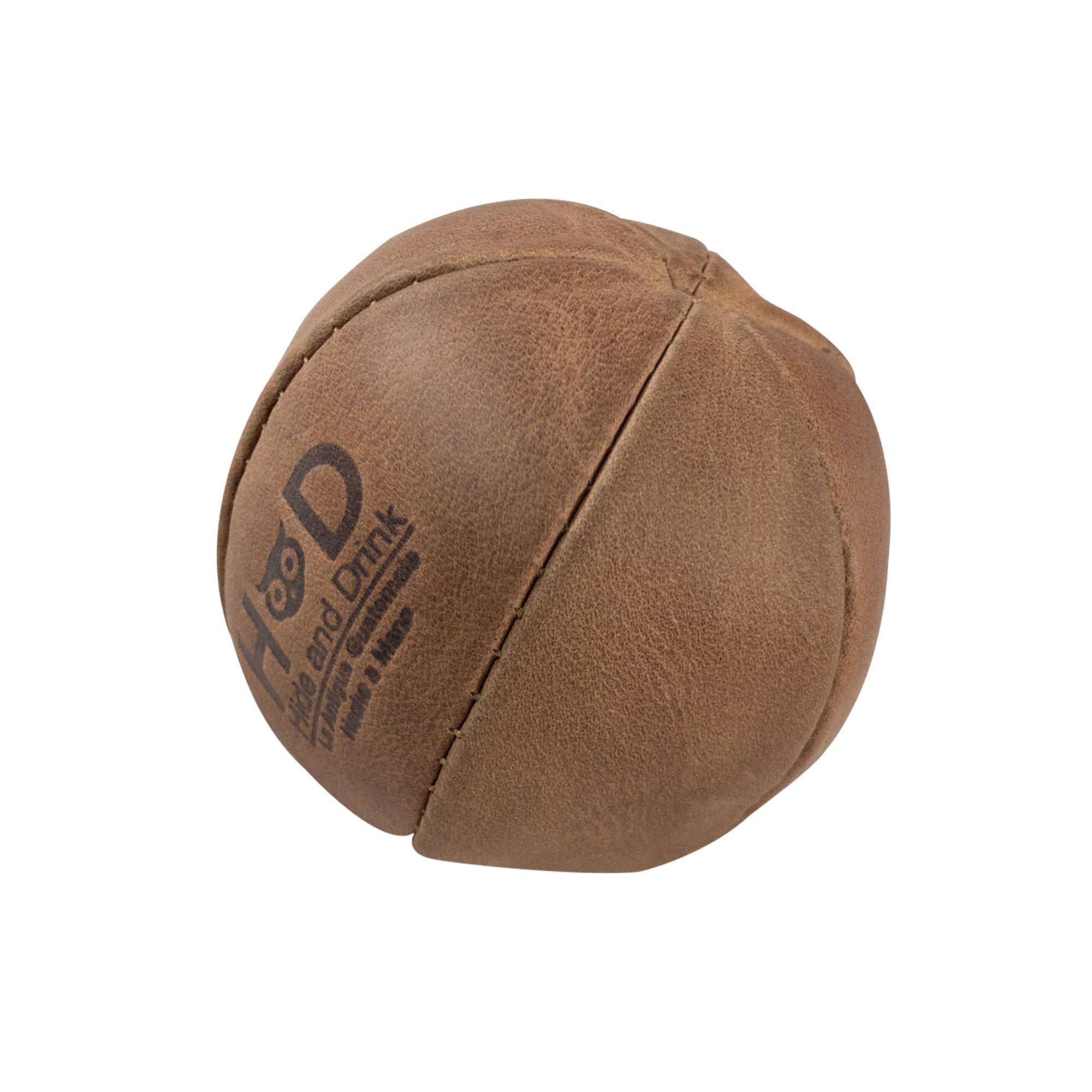 Hide & Drink brown Stress Ball featuring intricate stitching, ideal for relieving fidgeting and anxiety. This squishy tension accessory showcases classic style and is handmade from full grain leather in La Antigua Guatemala.