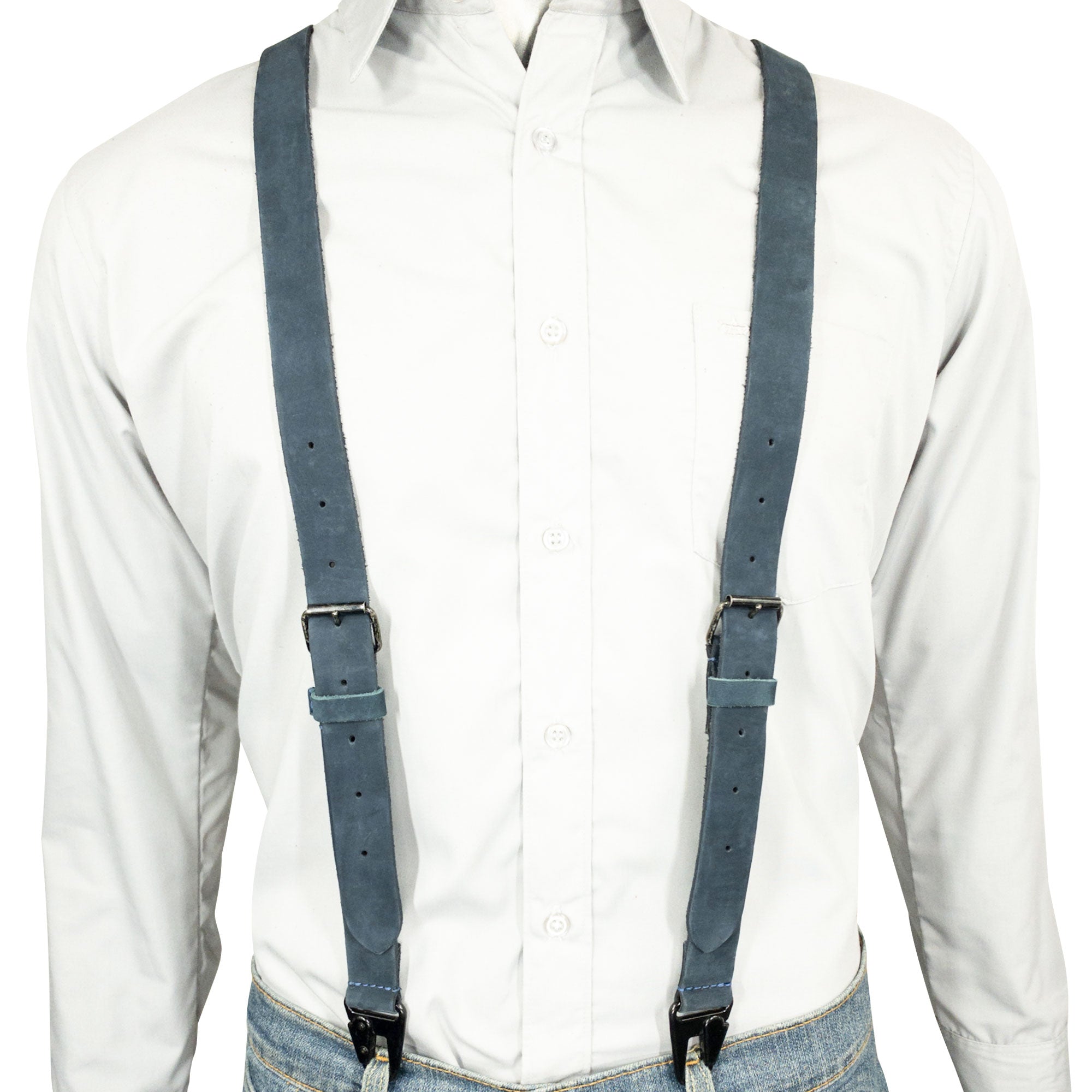 Hide & Drink Rustic Slim Suspenders in blue suede on display, emphasizing their unique construction and stylish appearance, perfect for special occasions like weddings. Handcrafted in small batches.