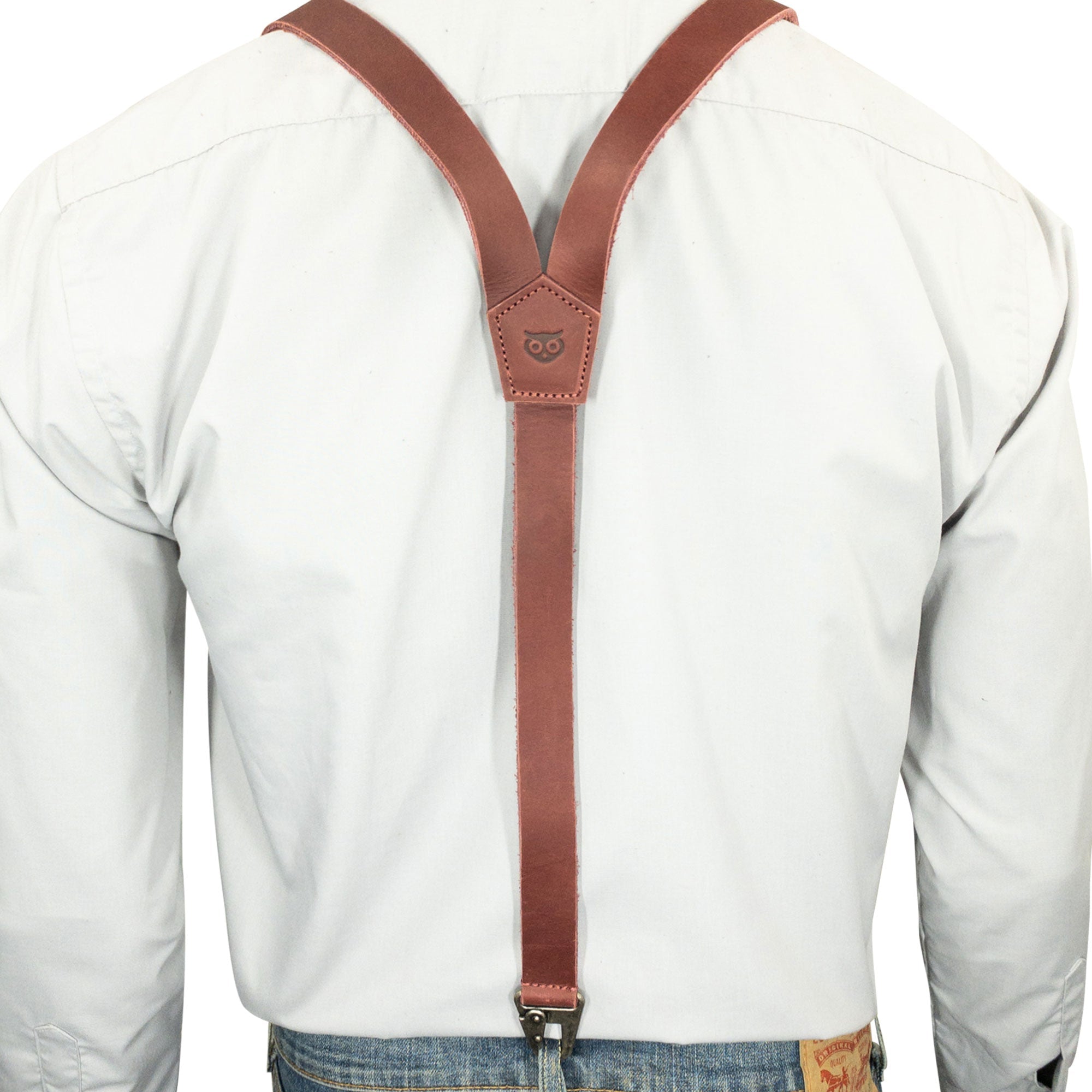 Size guide for Hide & Drink Rustic Slim Suspenders in rust, detailing their adjustable length. Perfectly suited for formal outfit styling, emphasizing high-quality handmade production.