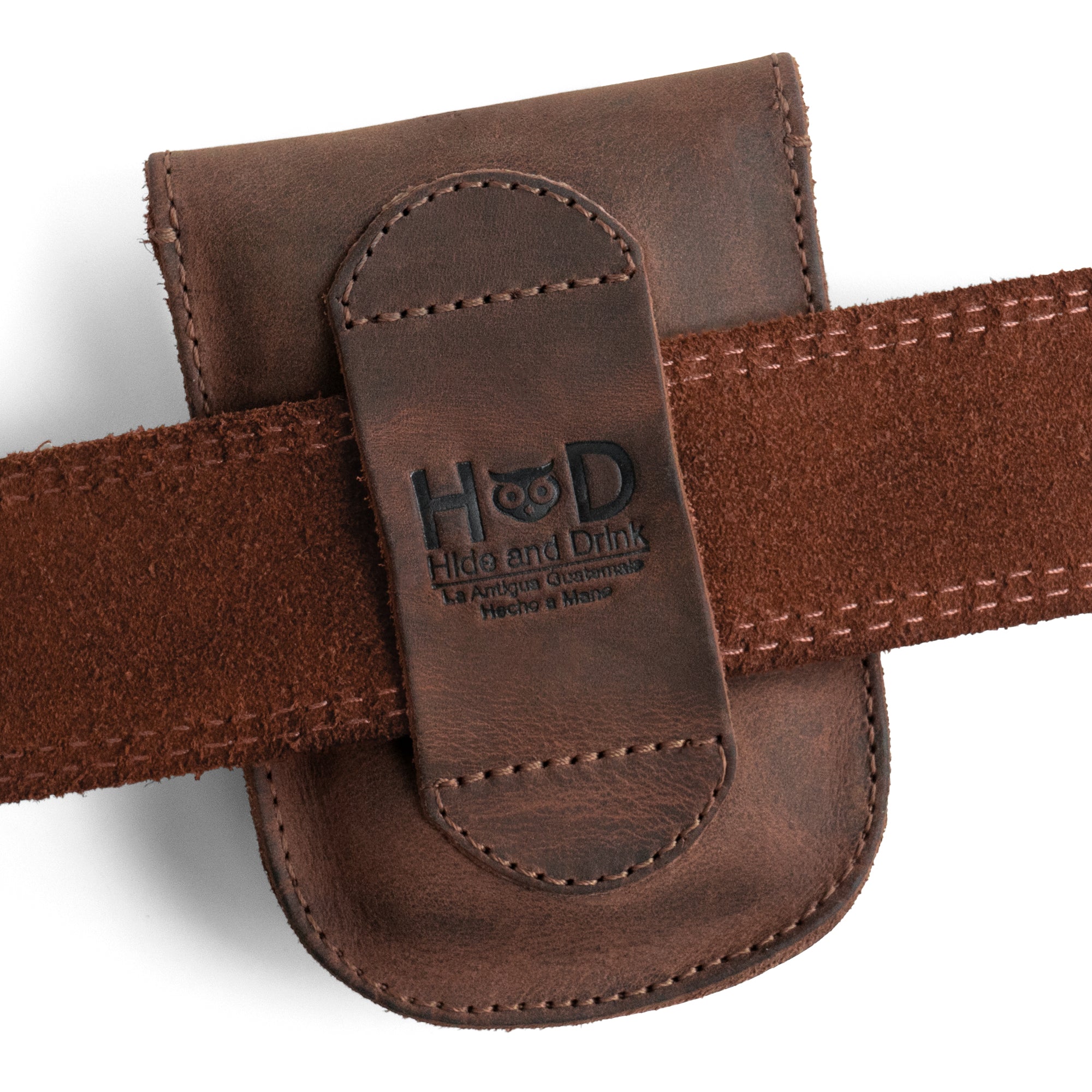 Holster Pouch by Hide & Drink shown attached to a belt, emphasizing its convenience. This durable EDC waist bag is perfect for storing personal items like cards and coins. Handmade in La Antigua Guatemala with fire branded craftsmanship.