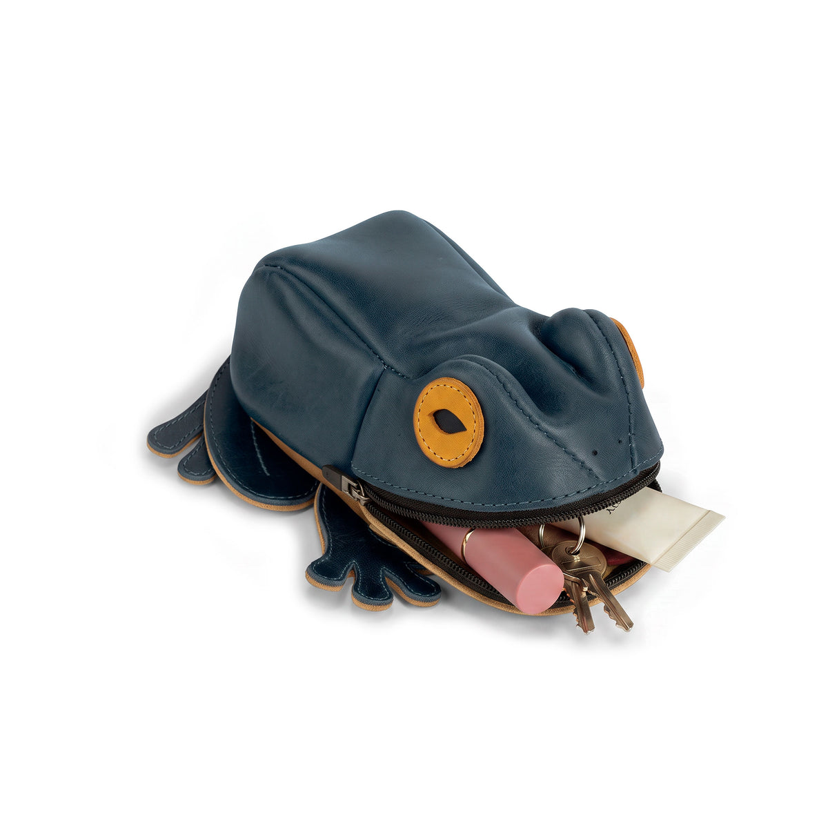 Tudi Frudi Frog Pouch filled with coins, keys, and small essentials, showcasing a Frog-Shaped Pouch used as a Cable Organizer, Small Accessory Case, Zippered Cash Holder Wallet for Coins, or Change Purse. This Full Grain Leather design is ideal for Pouches for Men and Women and reflects StockyardX Small Batch Production, Hand Cut and Hand Sewn Artisan work, Handmade in La Antigua Guatemala & Oaxaca Mexico, with a Fire Branded finish.
