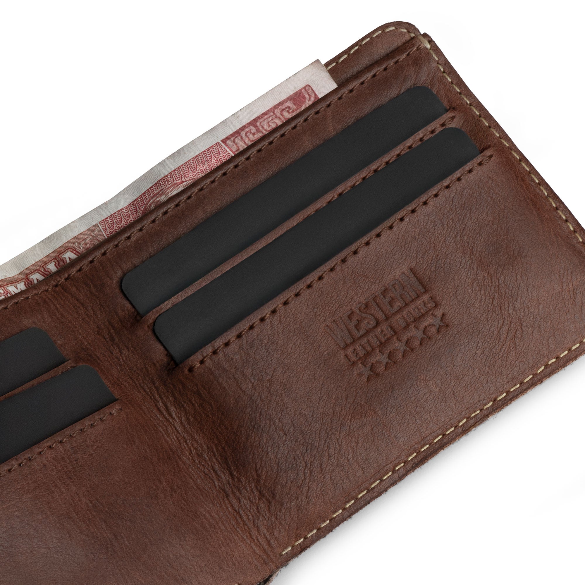 Interior view of the Classic Cowboy Wallet by Western Leather Works showing multiple card slots and authentic leather finish, ideal for business cards and cash. Classic Wallet, Business Card & Money Holder, Compact Pocket Organizer, Cowboy Style, Full Grain Leather, StockyardX, Hand Cut, Hand Sewn, Fire Branded, Artisan, Handmade in La Antigua Guatemala & Oaxaca Mexico.