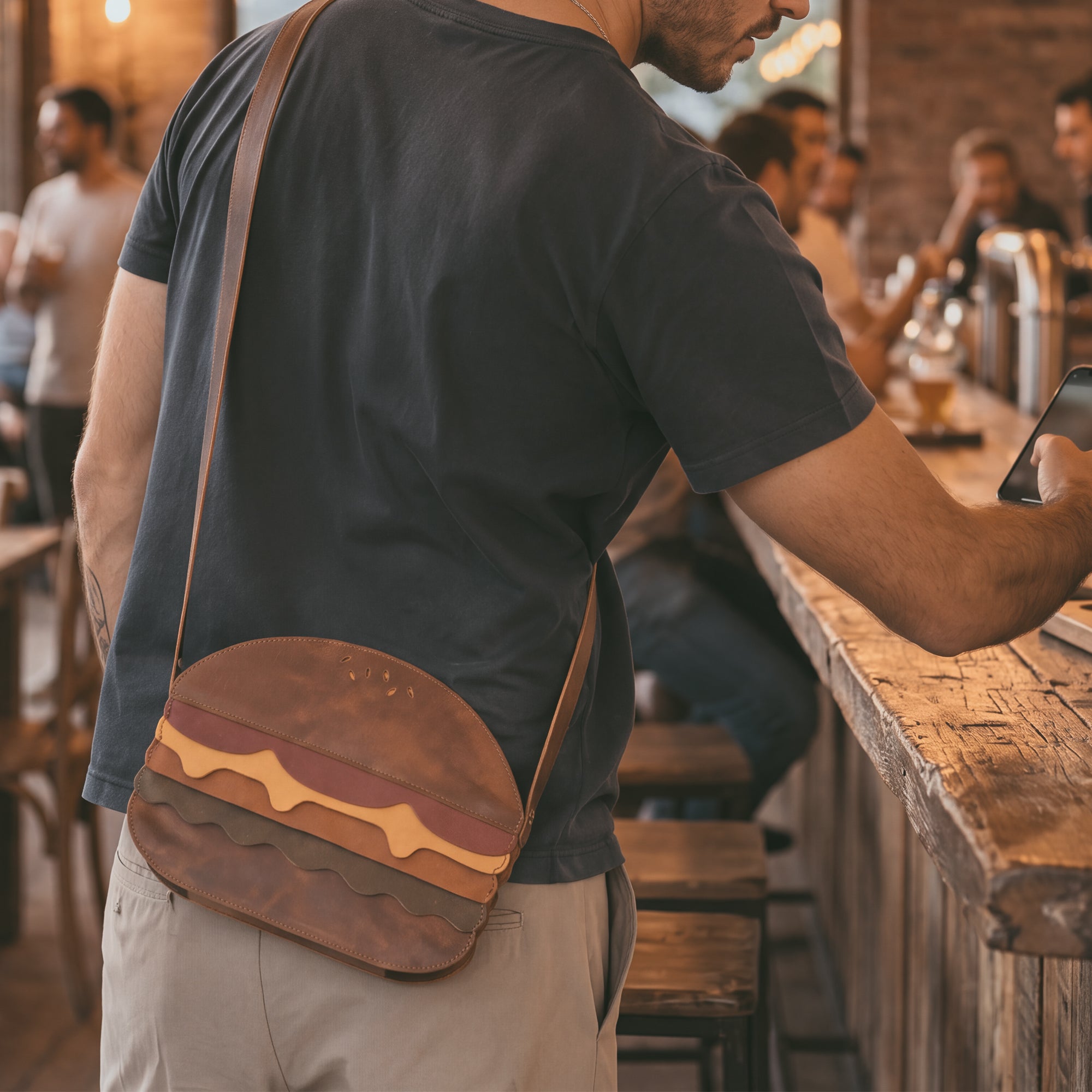 Model displaying the Burger-Shaped Shoulder Bag by Tudi Frudi, adding a playful flair to casual attire. This fashionable Crossbody Bag and Messenger Bag is made from luxurious Full Grain Leather, representing small batch production and artisan craftsmanship. Handmade in La Antigua Guatemala & Oaxaca Mexico, it’s the perfect Travel Accessory for unique style.