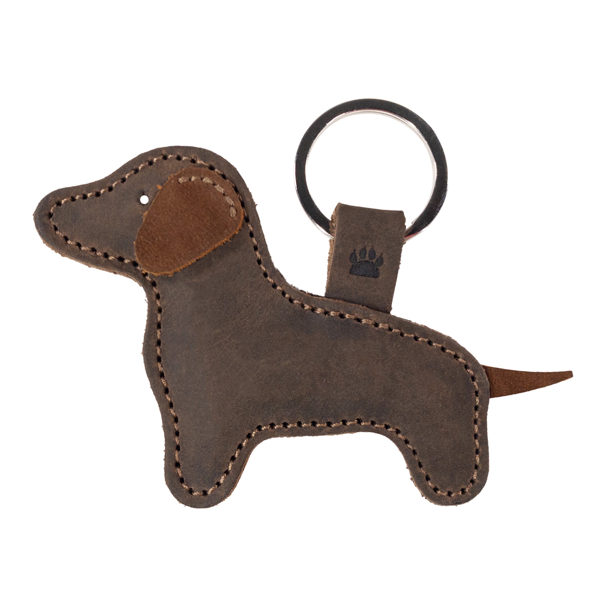 Showcasing the Hide & Drink Dog Keychain, this image features the charming Dachshund Keyring design crafted from fine Full Grain Leather. This handcrafted piece embodies the essence of artisan quality with its fire branded charm, made in La Antigua Guatemala & Oaxaca Mexico.