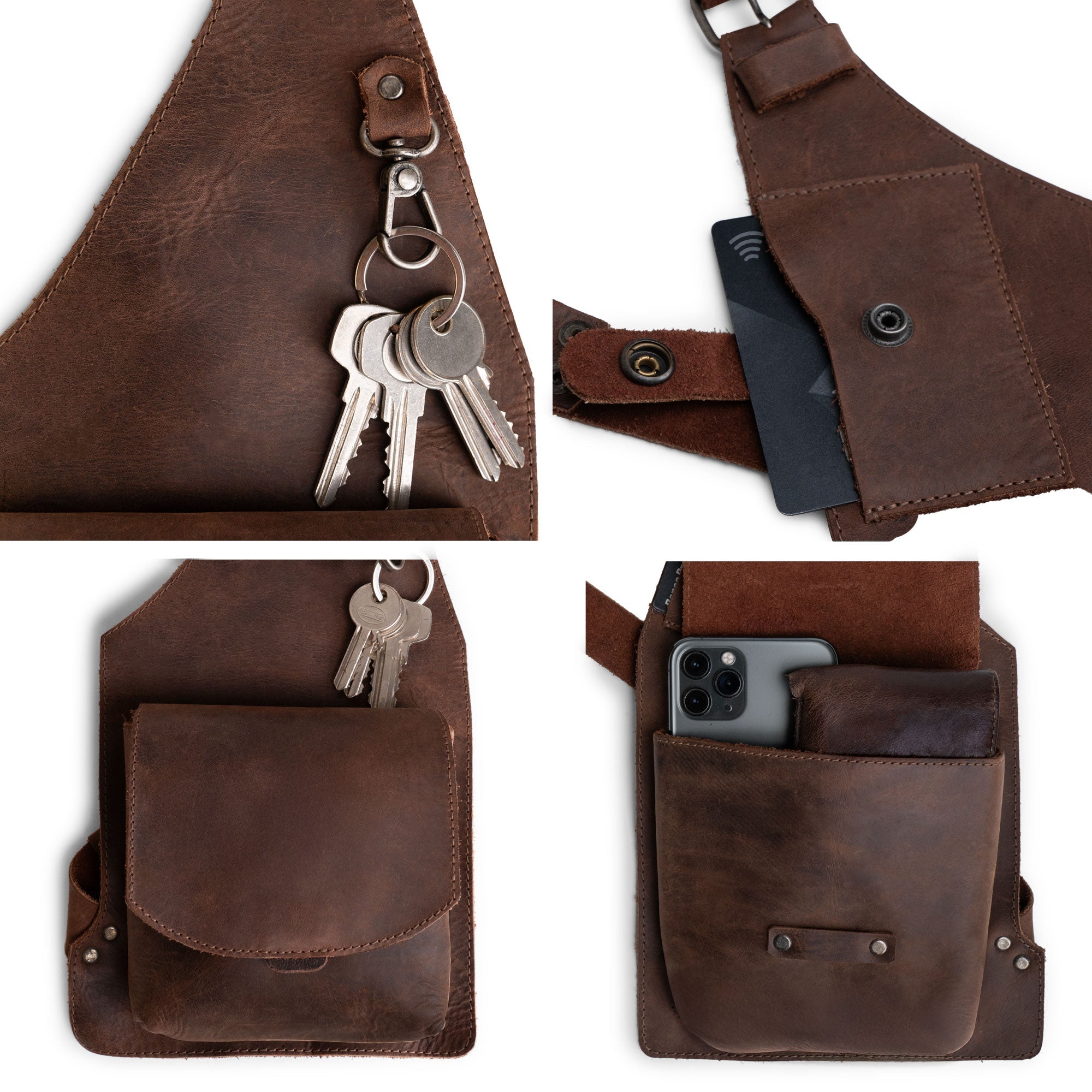 Close-up of Shoulder Holster by Hide & Play showcasing its Adjustable Straps and pockets made from durable Full Grain Leather. This artisan-crafted piece is ideal for cosplay, steampunk, and renaissance costumes, made with care in La Antigua Guatemala & Oaxaca Mexico.