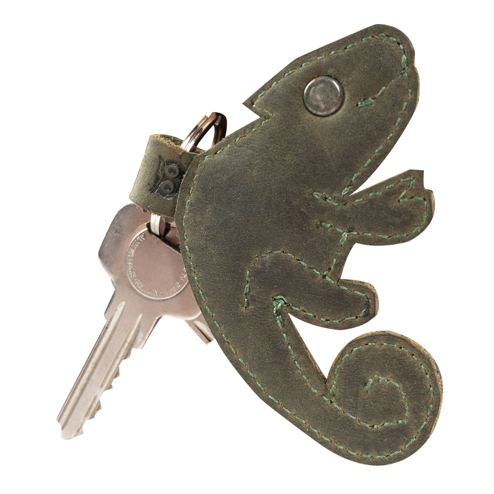 Close-up view of Hide & Drink's Chameleon Keychain, highlighting its detailed craftsmanship in full grain leather. This unique key holder features a quirky chameleon design, perfect for animal lovers, showcasing the quality of small batch production and handmade artistry from La Antigua Guatemala & Oaxaca Mexico.