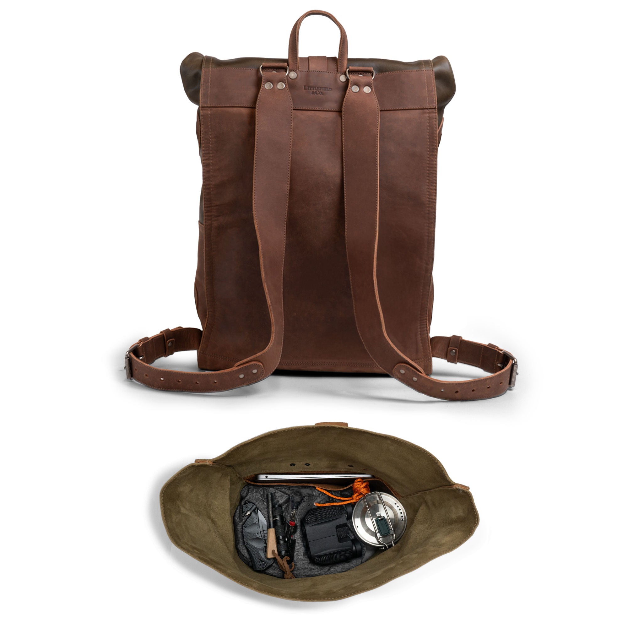 Explore the details of the Vintage Adventure Backpack by Littlefield & Co., revealing its spacious interior and stylish design. This full grain leather classic rucksack is suitable as a vintage backpack for men and women and functions well as a carry-on travel backpack. Each backpack is handmade in La Antigua Guatemala, reflecting a commitment to small batch production and artisan craftsmanship.